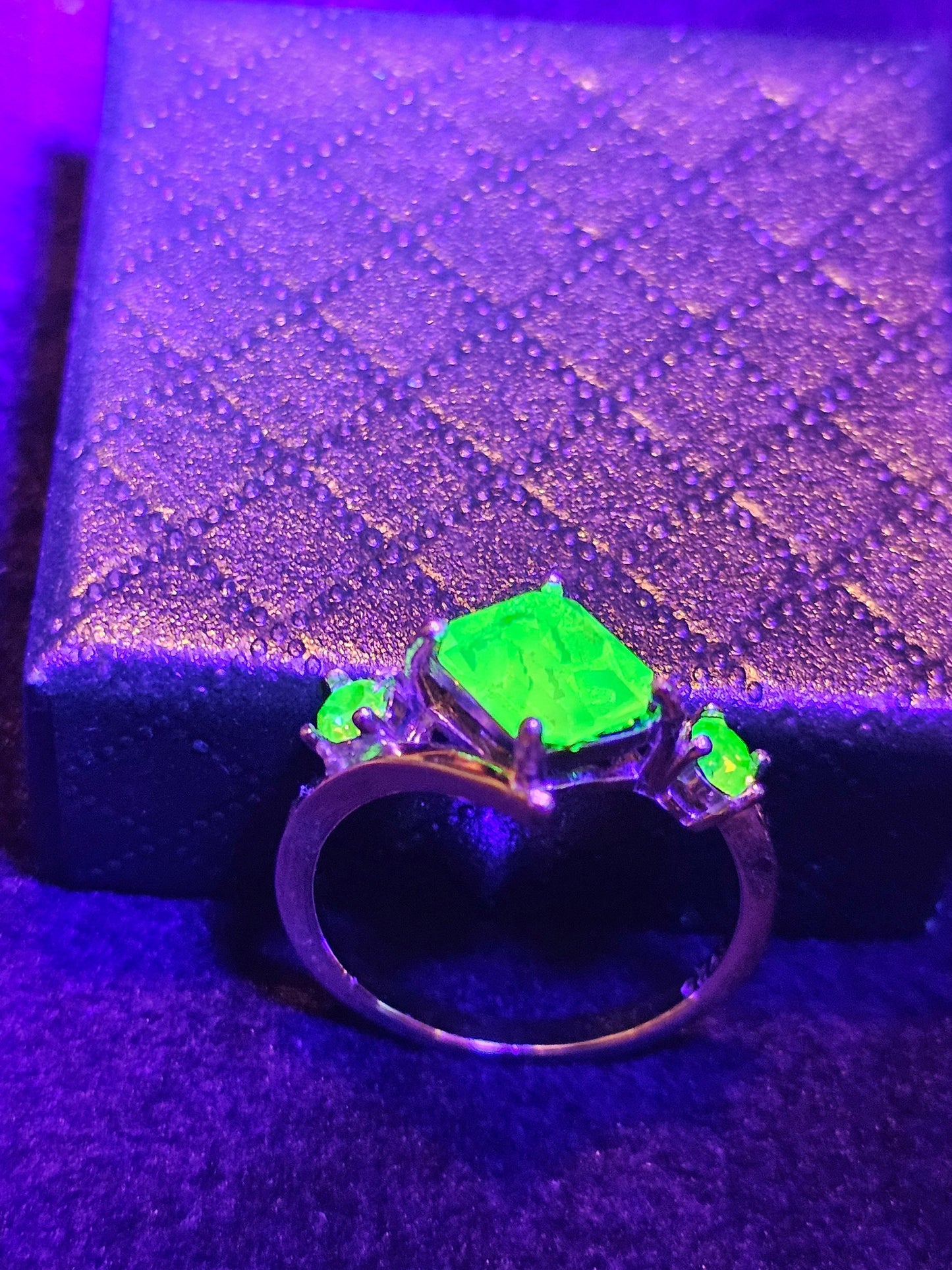 Uranium Glass Emerald cut Ring size 4 through 10.5 in new Sterling Silver with a vintage Uranium glass stone that glows under black / light