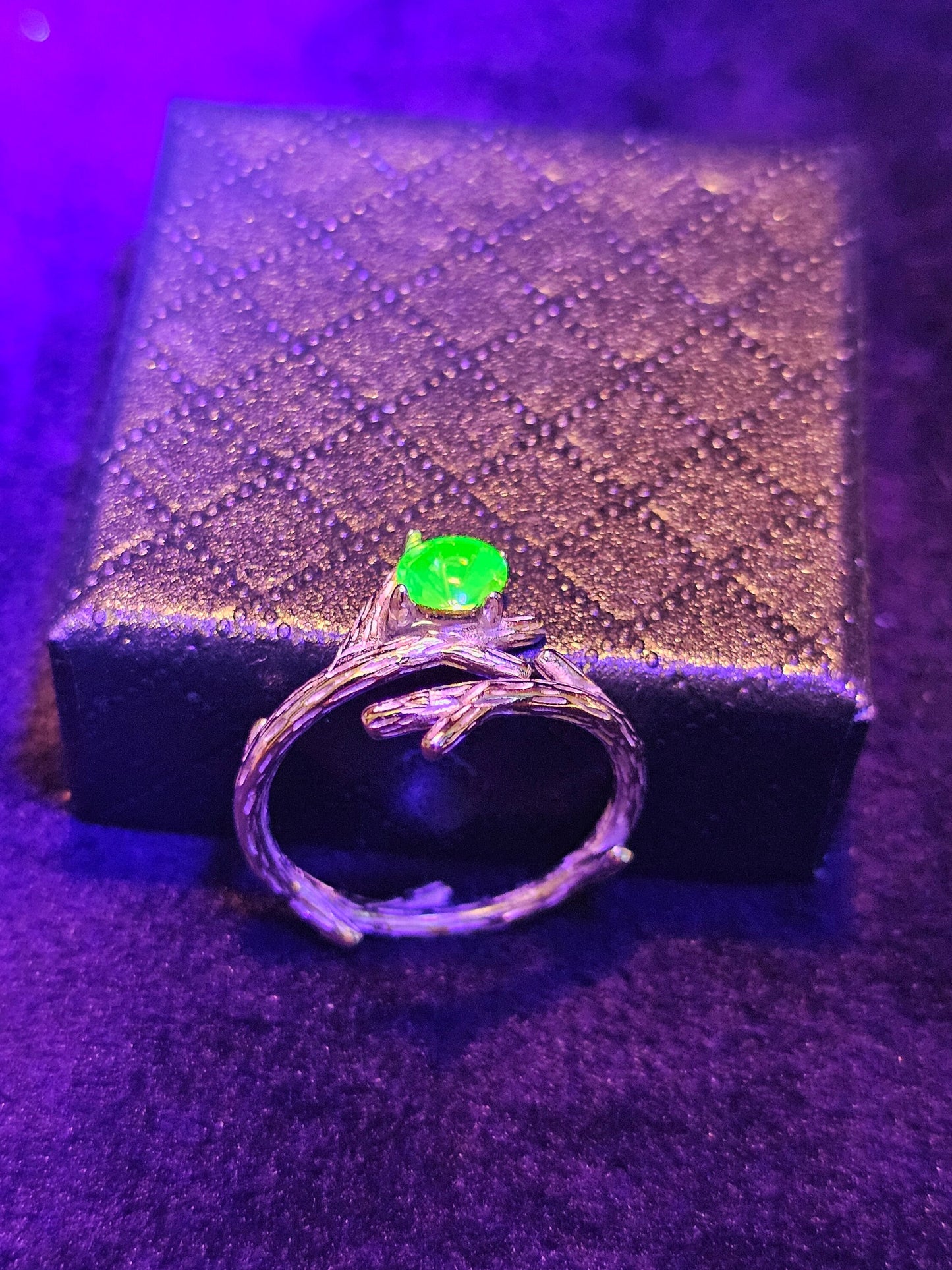 Uranium Glass Adjustable Ring new Sterling Silver with a vintage 5mm round cut Uranium glass stone that glows under black / UV light