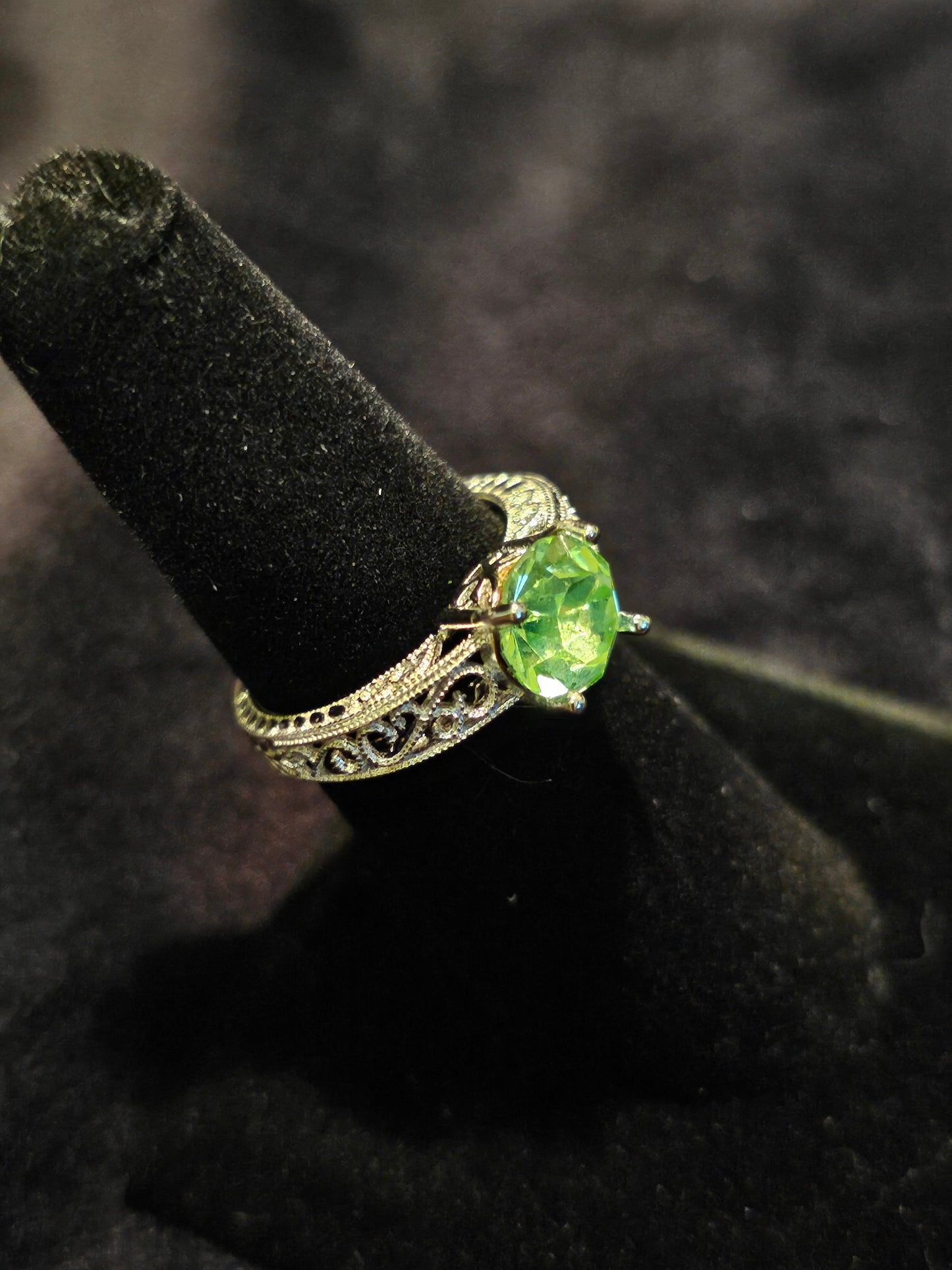Uranium Glass Round cut Ring size 6, 9.5, or 10 New Sterling Silver  with vintage  Uranium glass stone that glows under black / UV light