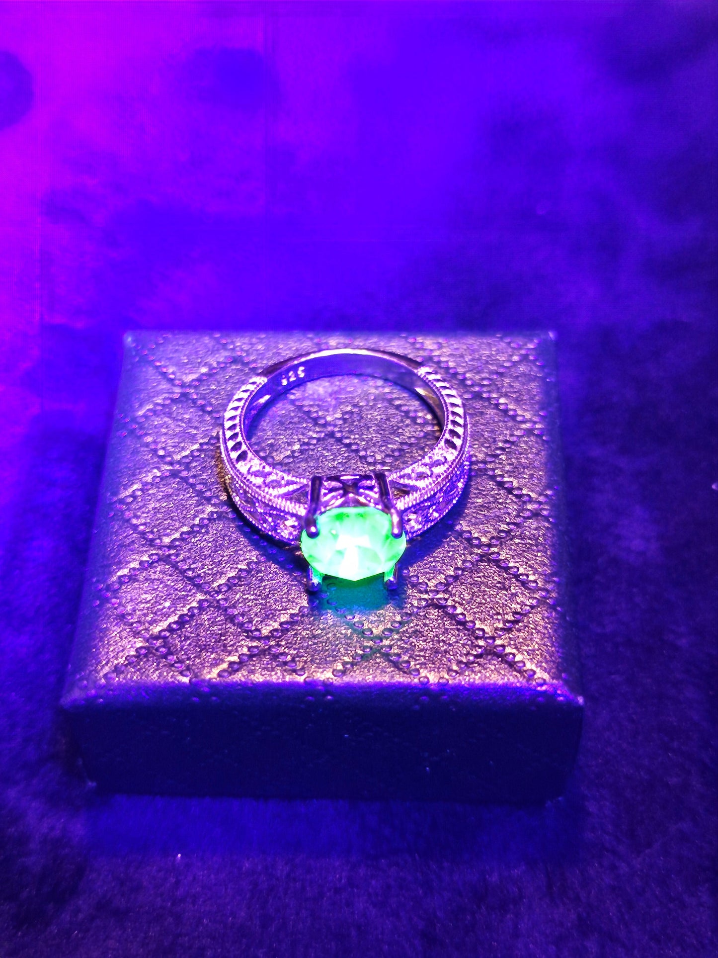 Uranium Glass Round cut Ring size 6, 9.5, or 10 New Sterling Silver  with vintage  Uranium glass stone that glows under black / UV light