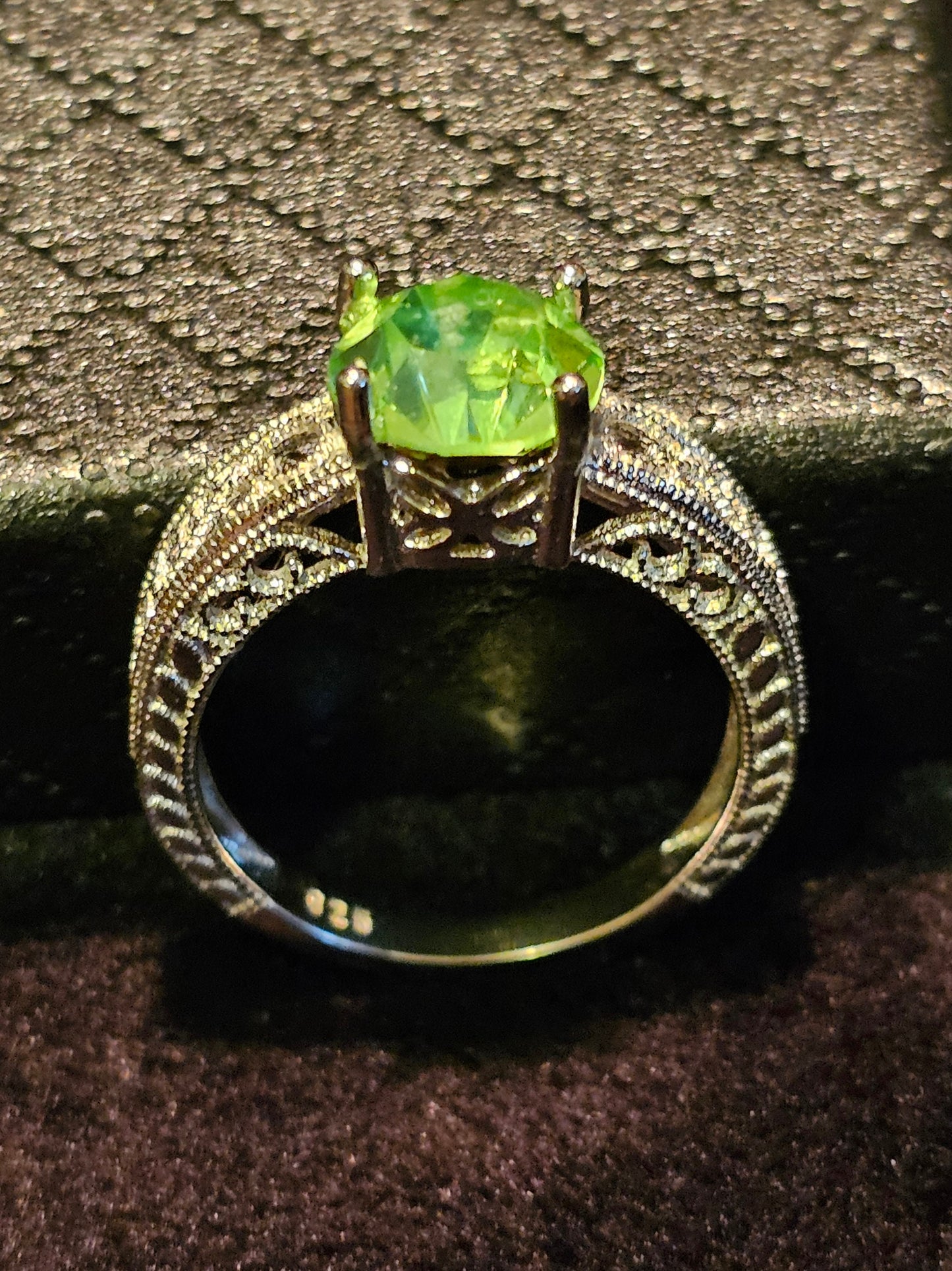Uranium Glass Round cut Ring size 6, 9.5, or 10 New Sterling Silver  with vintage  Uranium glass stone that glows under black / UV light