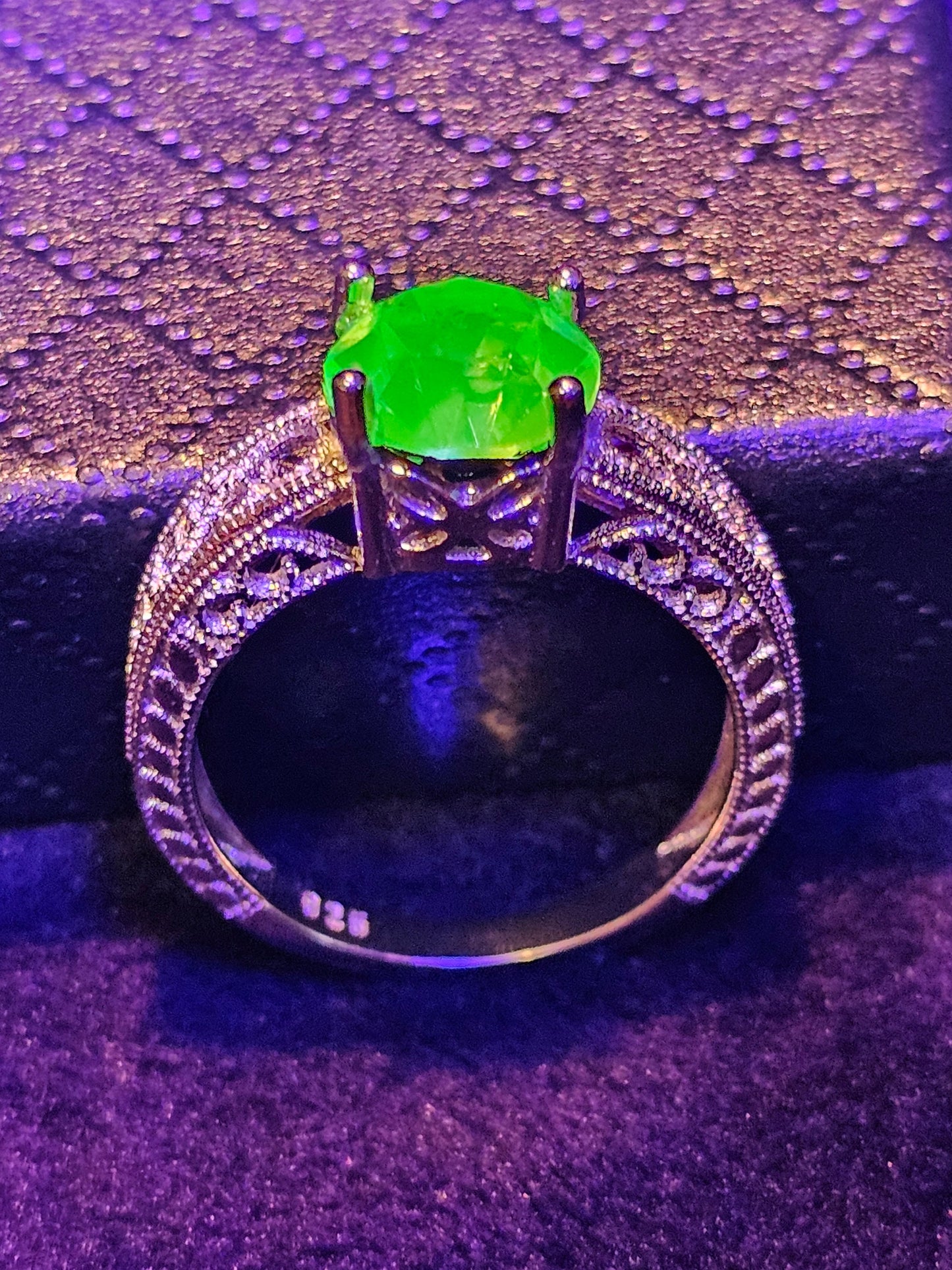Uranium Glass Round cut Ring size 6, 9.5, or 10 New Sterling Silver  with vintage  Uranium glass stone that glows under black / UV light