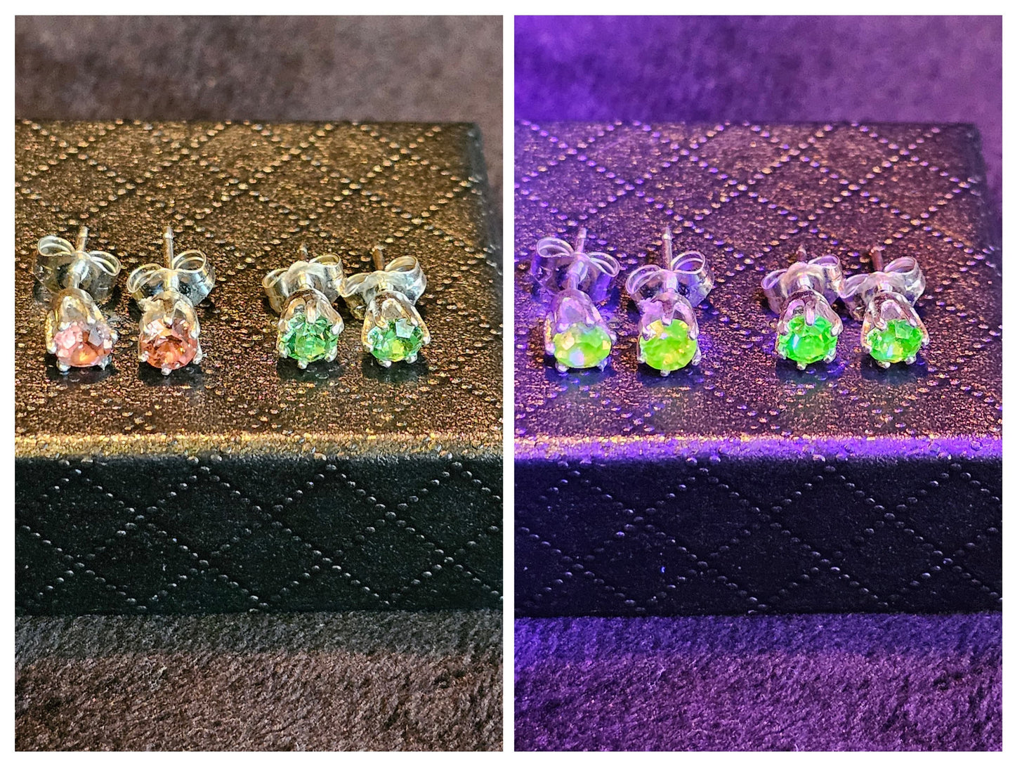 Uranium Glass Earrings in new Sterling Silver with Green Yellow or the rare Pink Vintage Uranium Glass stones, glows under black/UV light