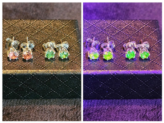 Uranium Glass Earrings in new Sterling Silver with Green Yellow or the rare Pink Vintage Uranium Glass stones, glows under black/UV light