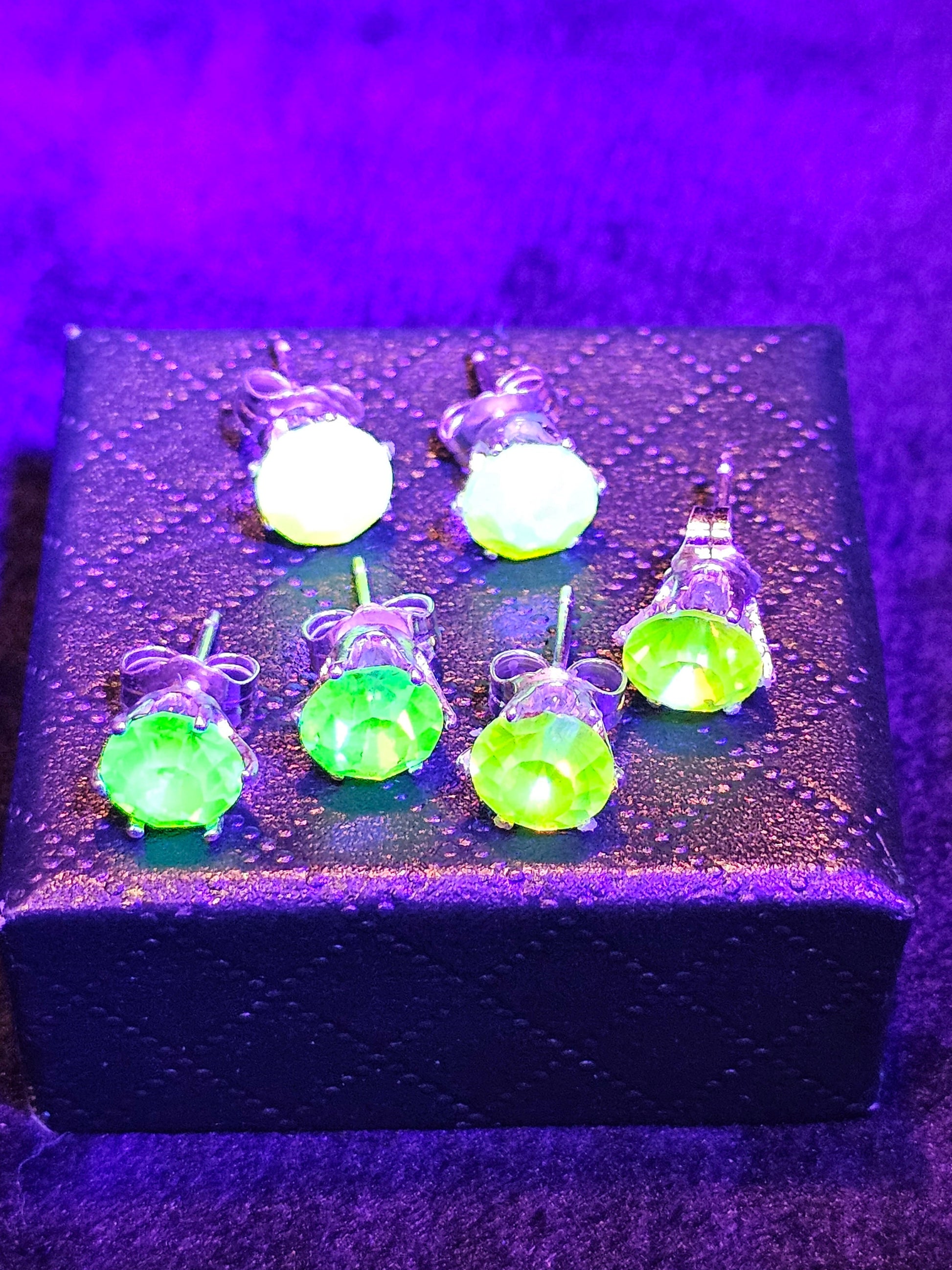 Uranium Glass Earrings in Sterling Silver with large Vintage Uranium Glass stones, Green Yellow or the rare Pink glows under black/UV light