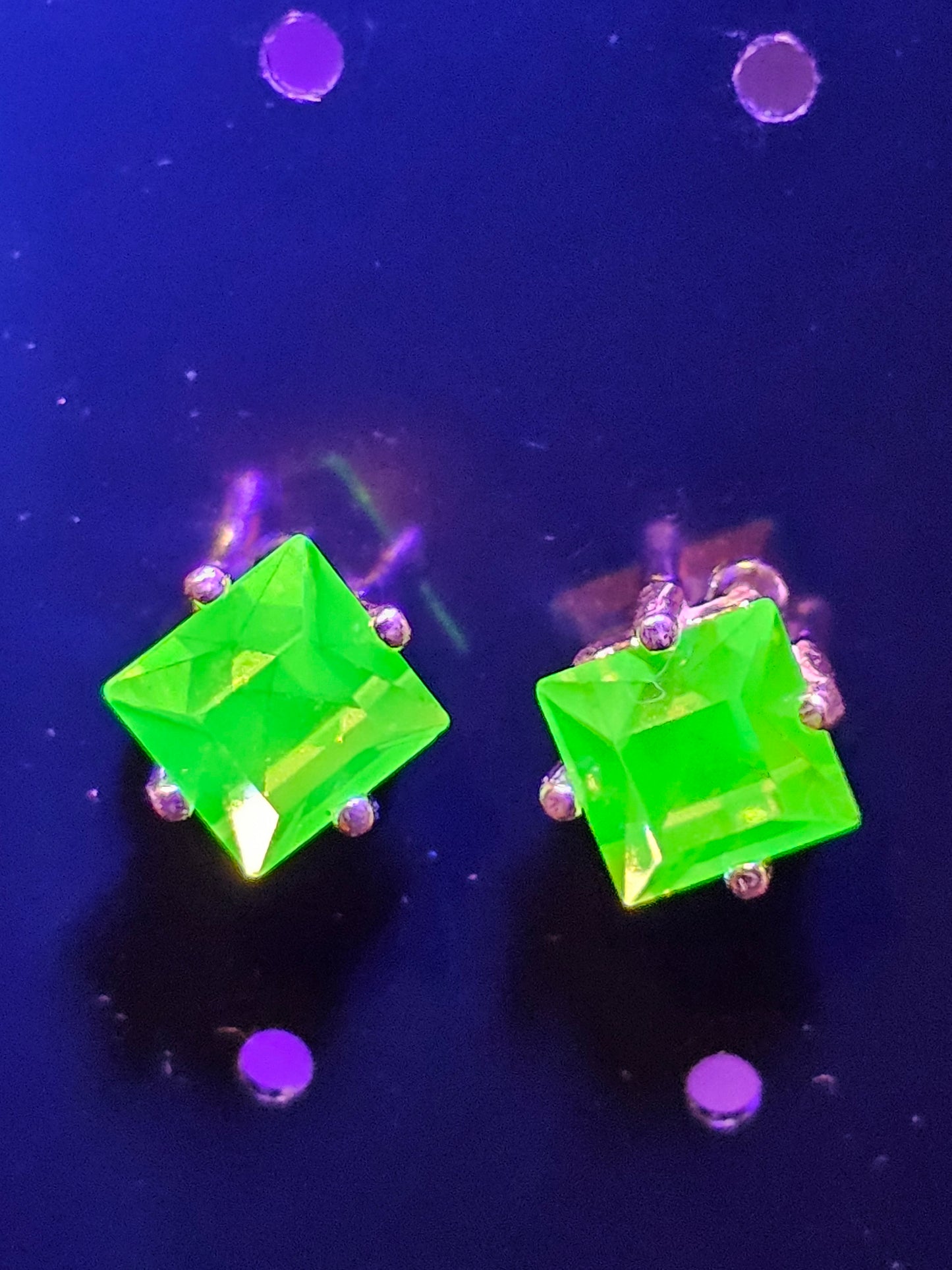 Uranium Glass Earrings in new Sterling Silver with Vintage Princess cut Uranium Glass stones, 6mm glows under black/UV light