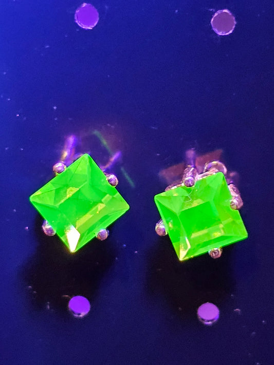Uranium Glass Earrings in new Sterling Silver with Vintage Princess cut Uranium Glass stones, 6mm glows under black/UV light