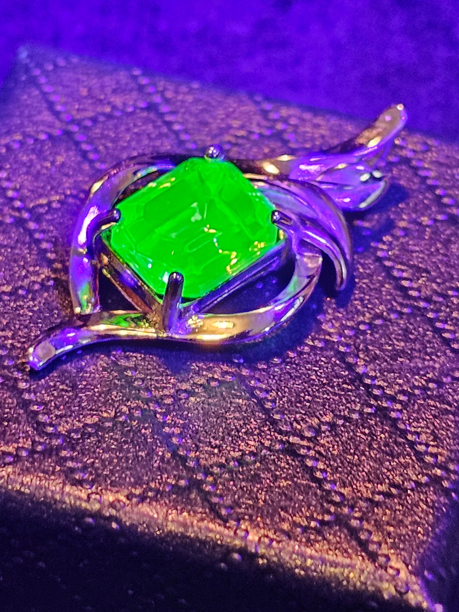 Uranium Glass Pendant in new Sterling Silver with a vintage Emerald cut Uranium Glass stone glows under black / UV light