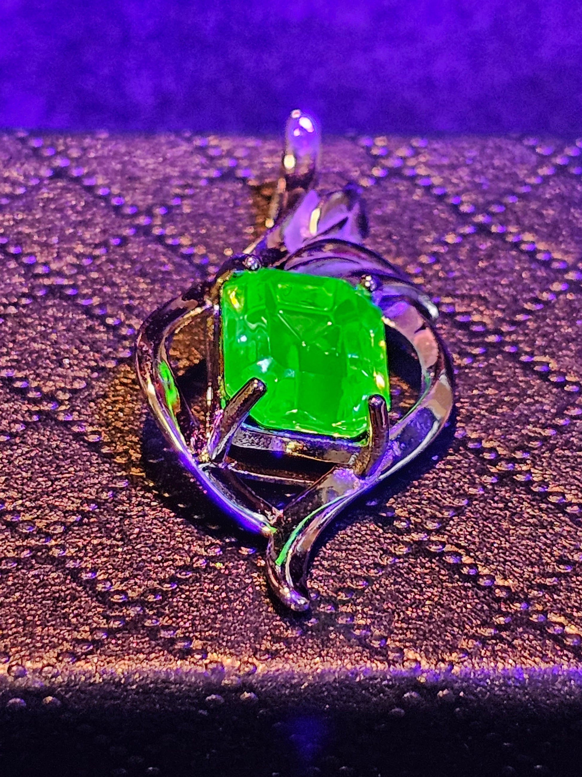 Uranium Glass Pendant in new Sterling Silver with a vintage Emerald cut Uranium Glass stone glows under black / UV light