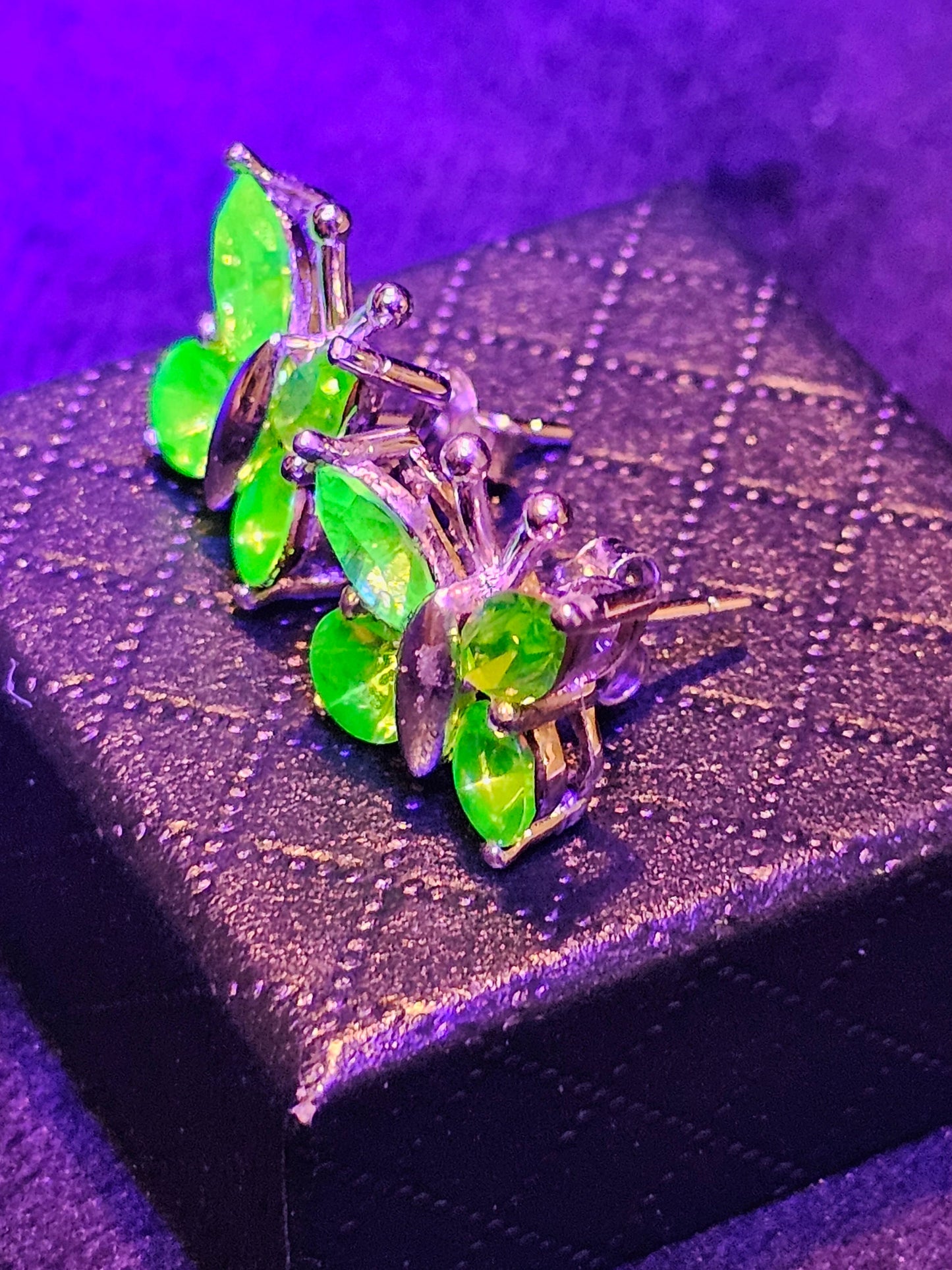 Uranium Glass Earrings in new Sterling Silver butterfly design with Vintage Uranium Glass stones, glows under black/UV light