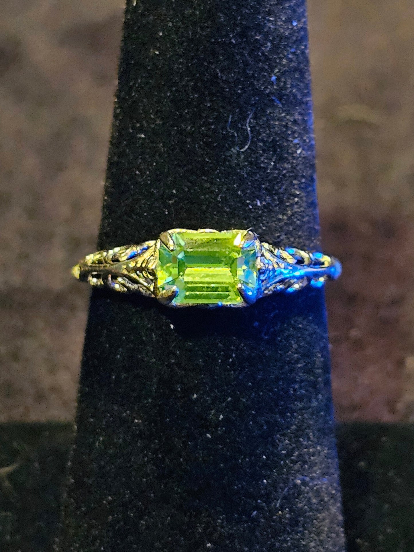 Uranium Glass Emerald cut Art Deco Ring  size 4 to 10.5 in new Sterling Silver with Uranium glass stone that glows under black / UV light