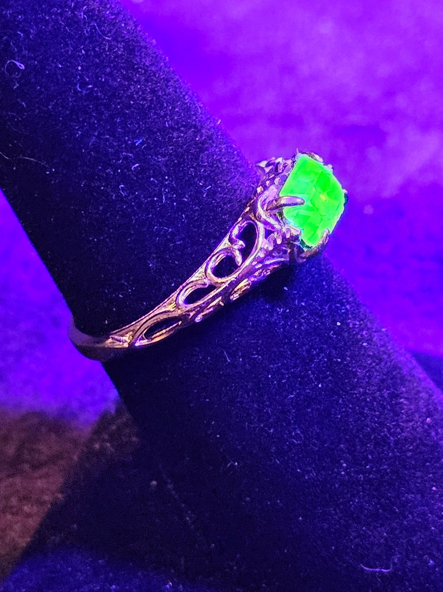 Uranium Glass Emerald cut Art Deco Ring  size 4 to 10.5 in new Sterling Silver with Uranium glass stone that glows under black / UV light