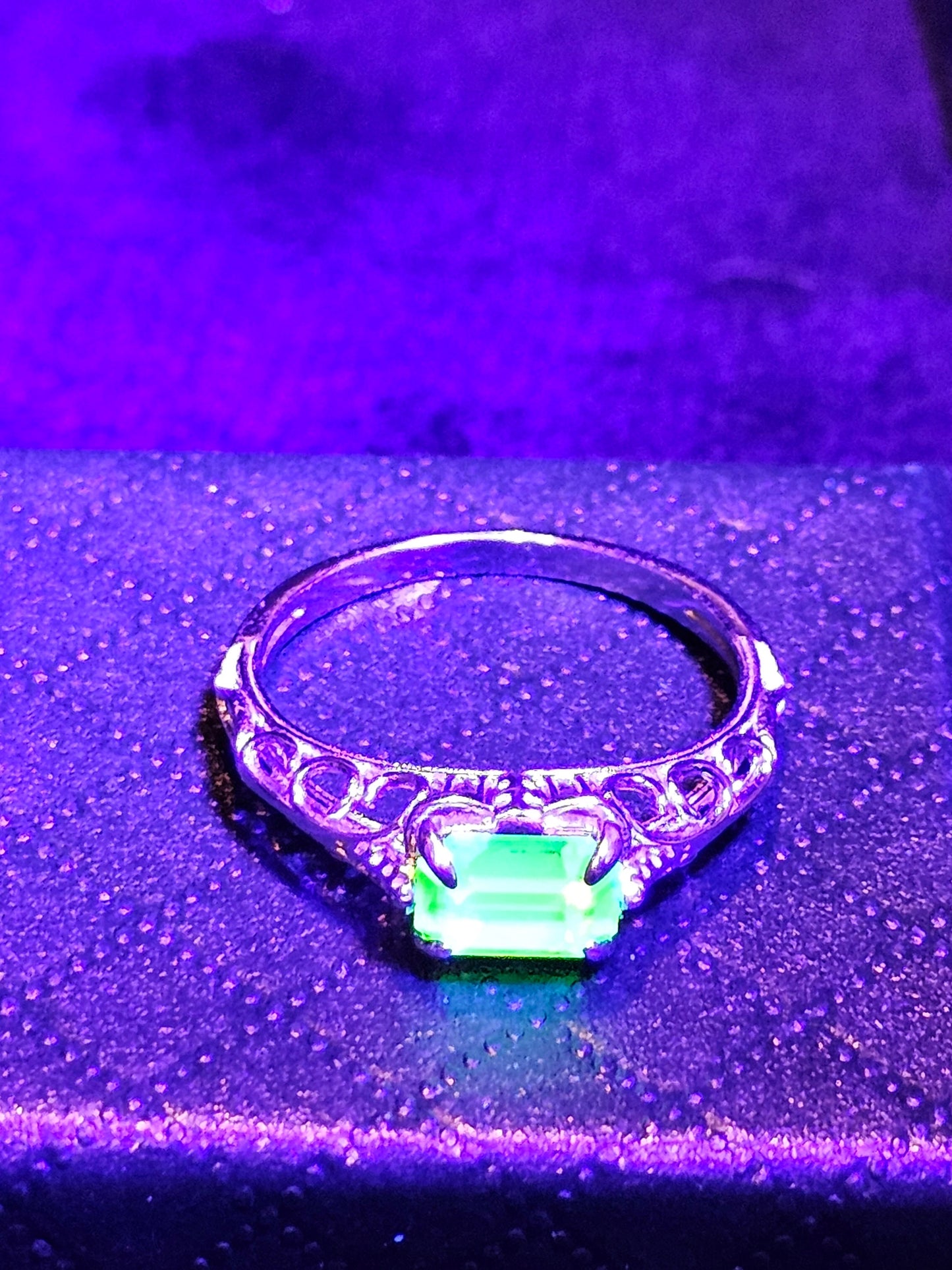Uranium Glass Emerald cut Art Deco Ring  size 4 to 10.5 in new Sterling Silver with Uranium glass stone that glows under black / UV light