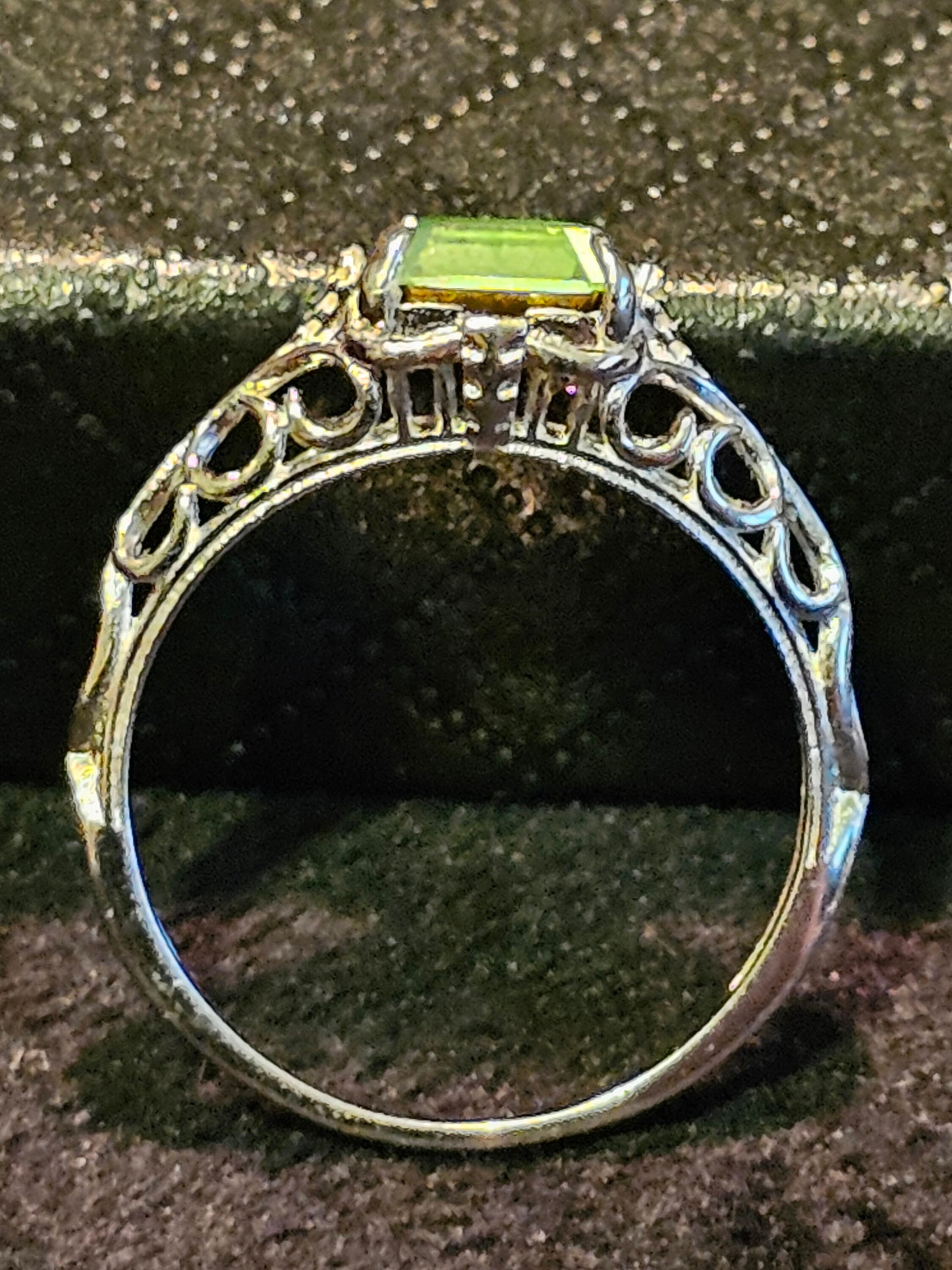 Uranium Glass Emerald cut Art Deco Ring  size 4 to 10.5 in new Sterling Silver with Uranium glass stone that glows under black / UV light