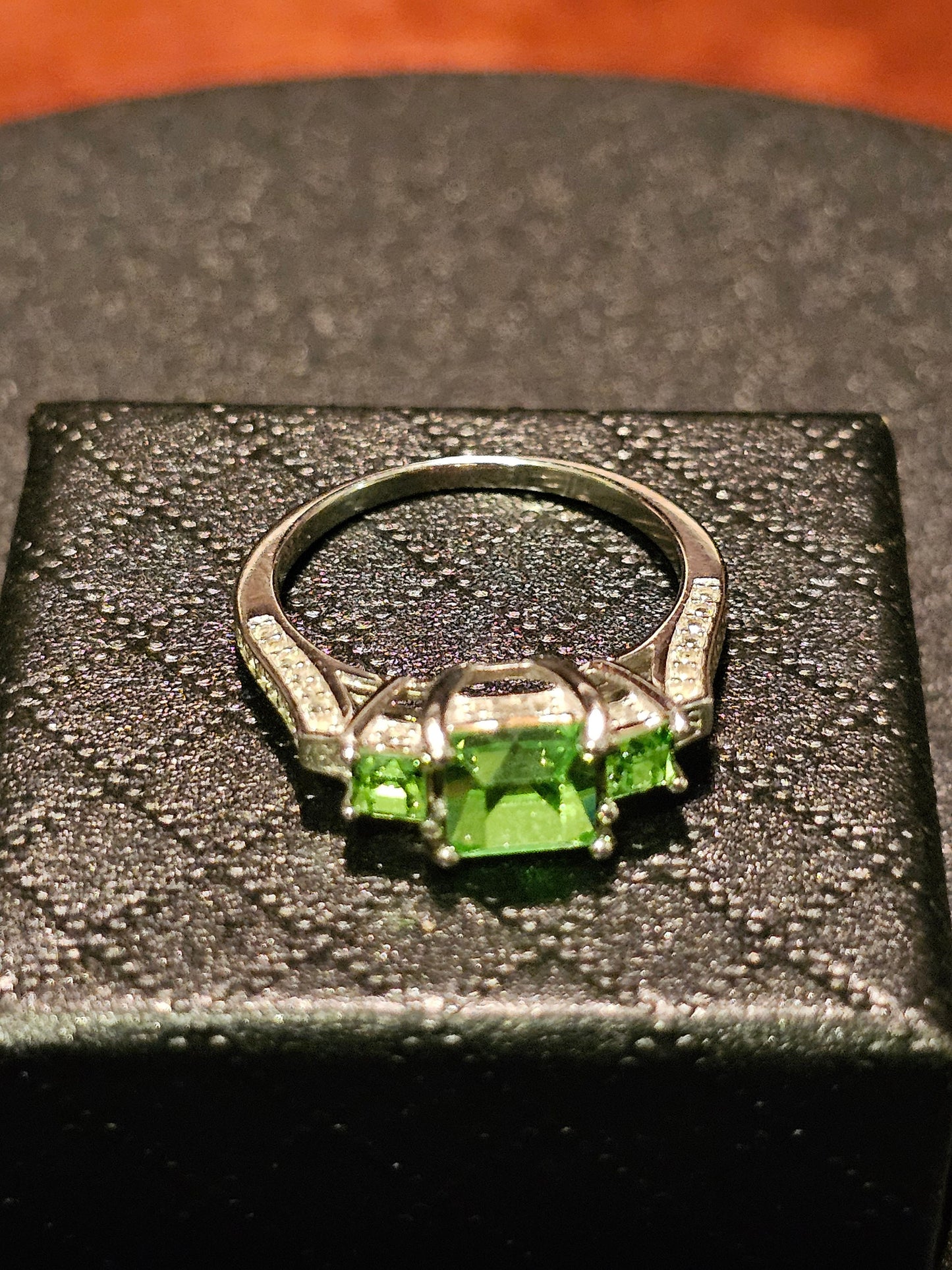 Uranium Glass Ring size 7 Sterling Silver  vintage Princess cut Uranium glass stone and 2 accent stones that glows under black / UV light