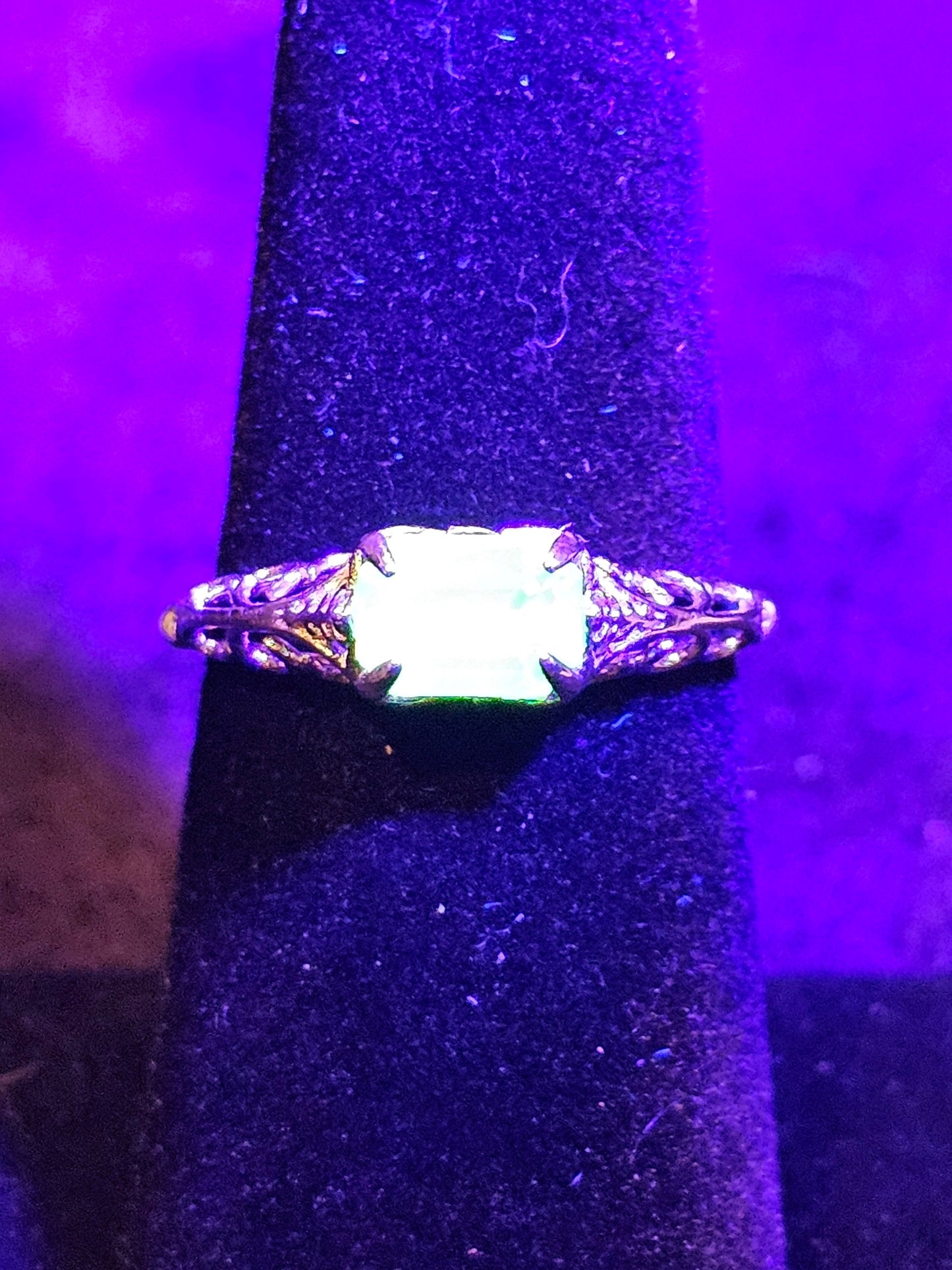 Uranium Glass Emerald cut Art Deco Ring  size 4 to 10.5 in new Sterling Silver with Uranium glass stone that glows under black / UV light