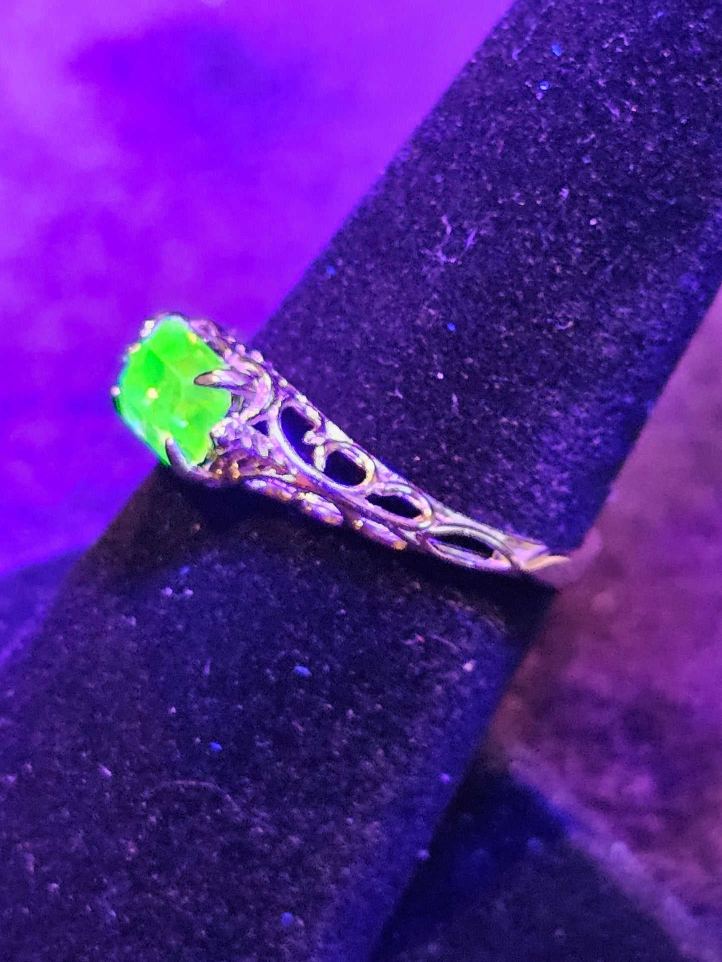 Uranium Glass Emerald cut Art Deco Ring  size 4 to 10.5 in new Sterling Silver with Uranium glass stone that glows under black / UV light