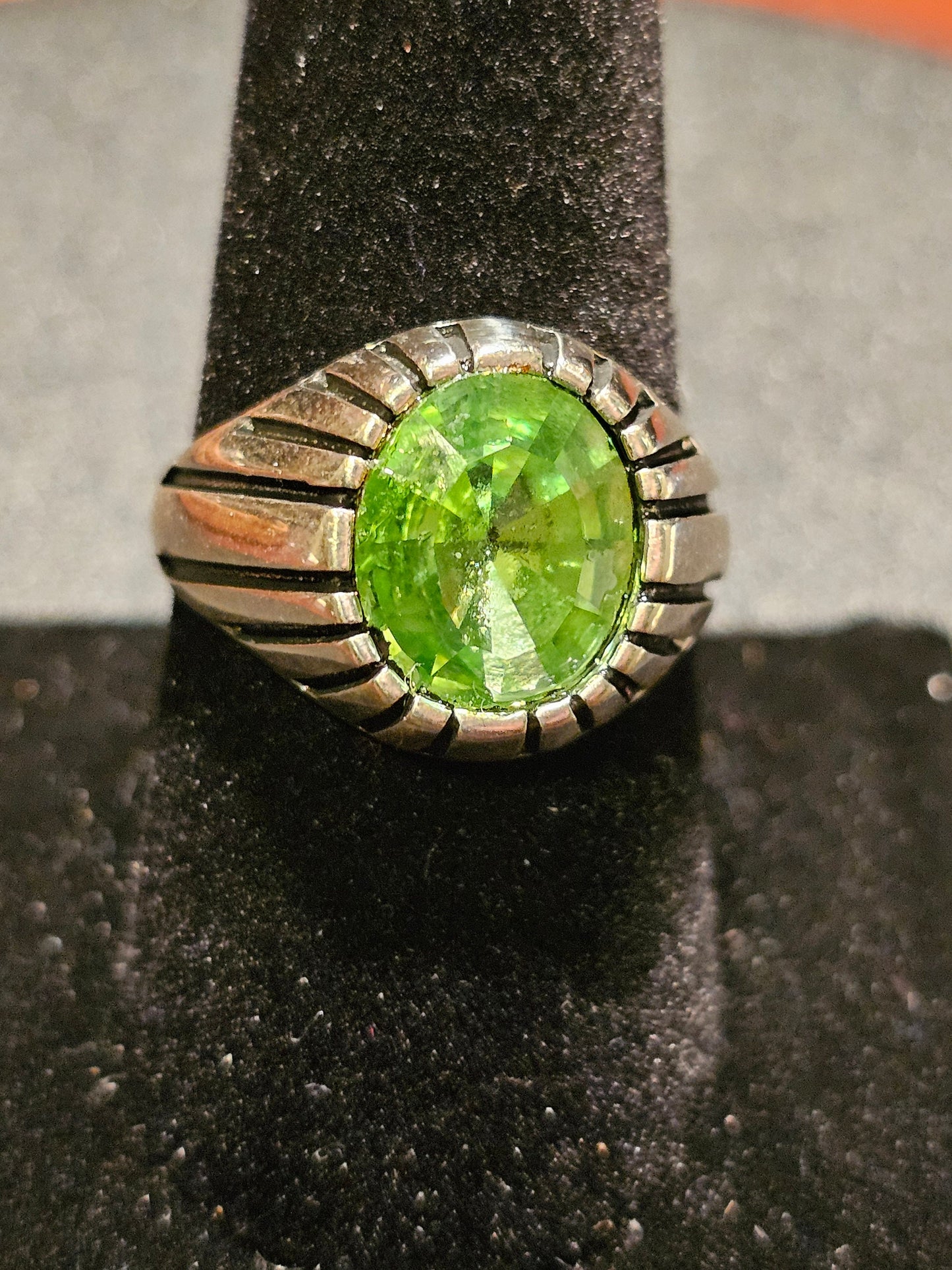 Uranium Glass Men's Ring size 10, new Sterling Silver with a vintage 12x10 Oval cut Uranium glass stones that glows under black / UV light