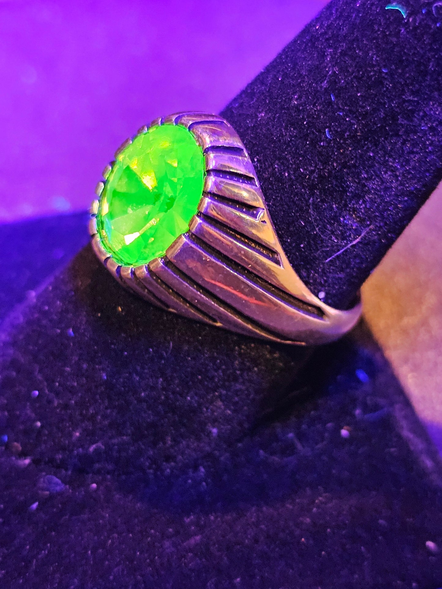 Uranium Glass Men's Ring size 10, new Sterling Silver with a vintage 12x10 Oval cut Uranium glass stones that glows under black / UV light