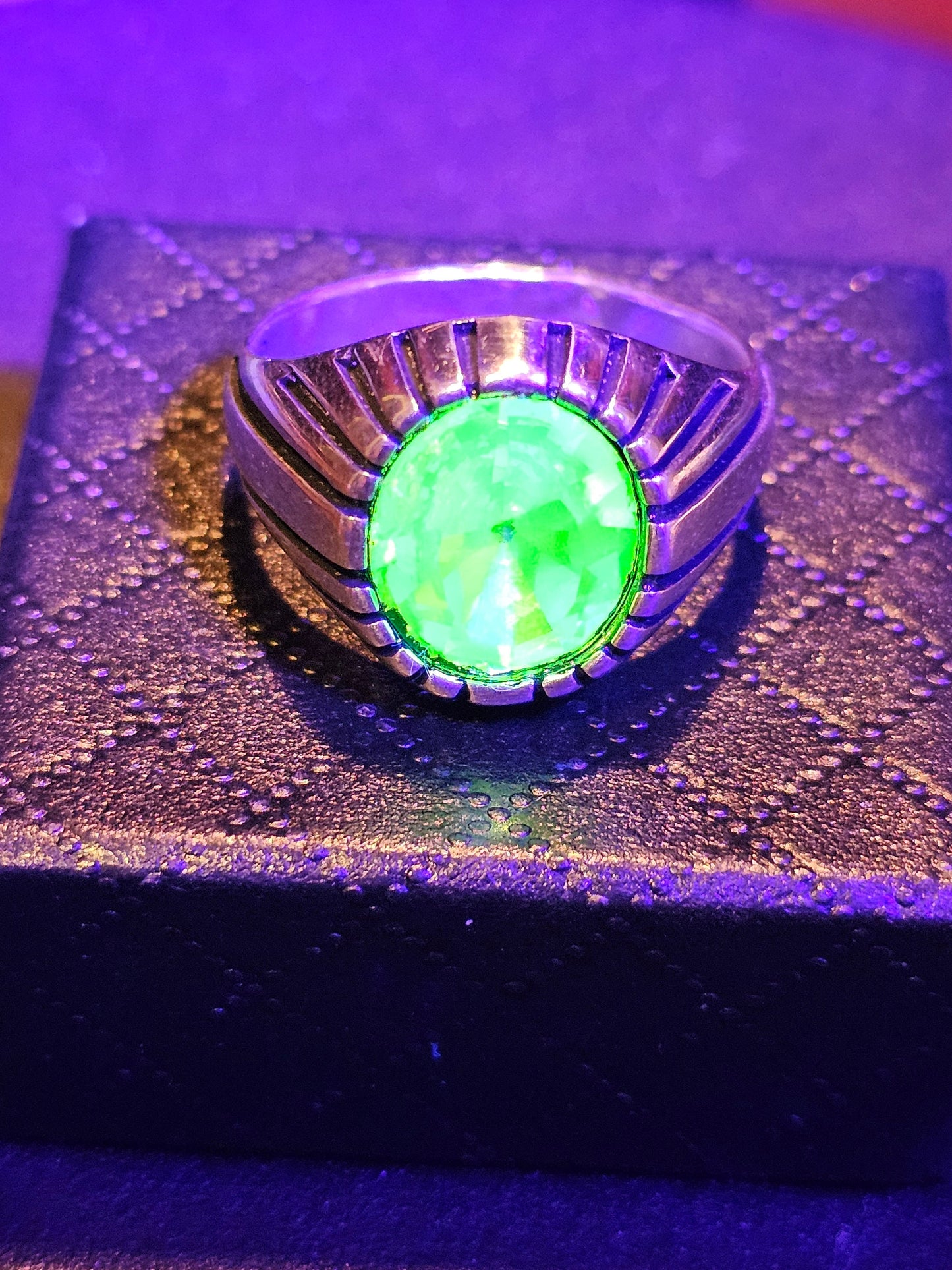 Uranium Glass Men's Ring size 10, new Sterling Silver with a vintage 12x10 Oval cut Uranium glass stones that glows under black / UV light