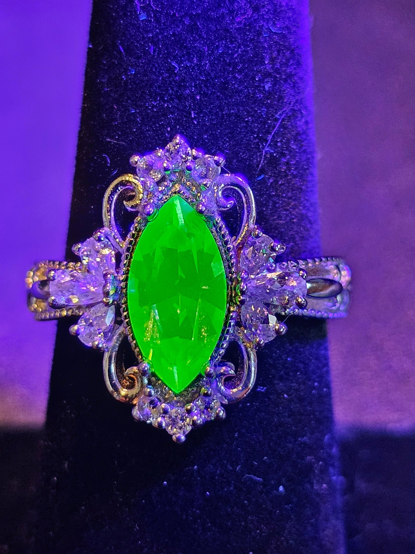 Uranium Glass Marquise cut Ring Fleur De Lis style new Sterling Silver with a vintage Uranium glass stone that glows under black / UV light