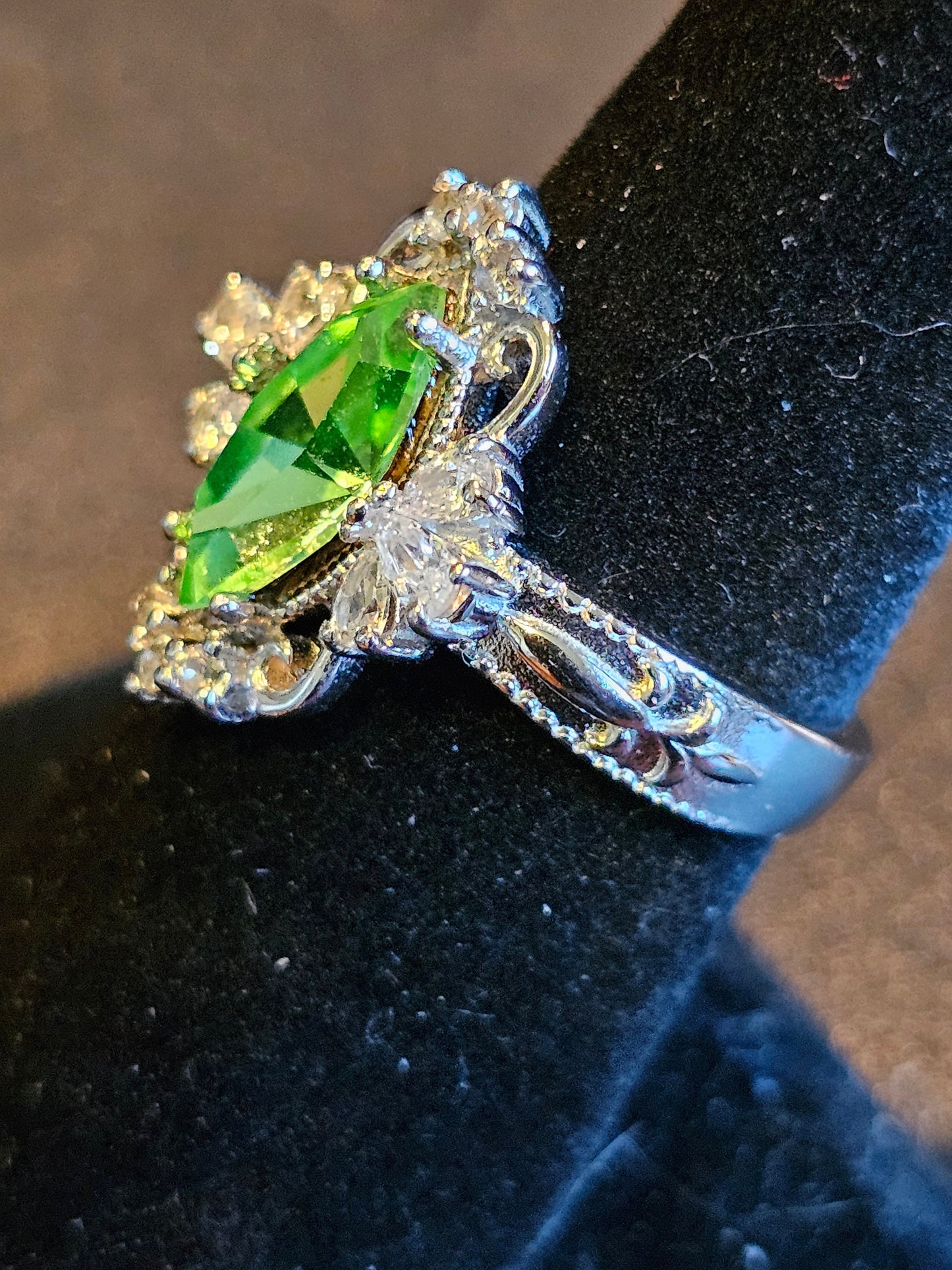 Uranium Glass Marquise cut Ring Fleur De Lis style new Sterling Silver with a vintage Uranium glass stone that glows under black / UV light