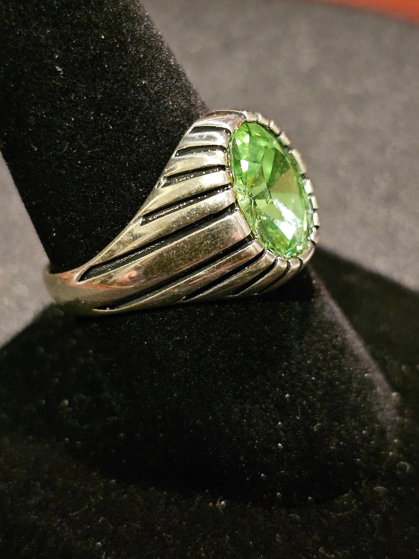 Uranium Glass Men's Ring size 10, new Sterling Silver with a vintage 12x10 Oval cut Uranium glass stones that glows under black / UV light