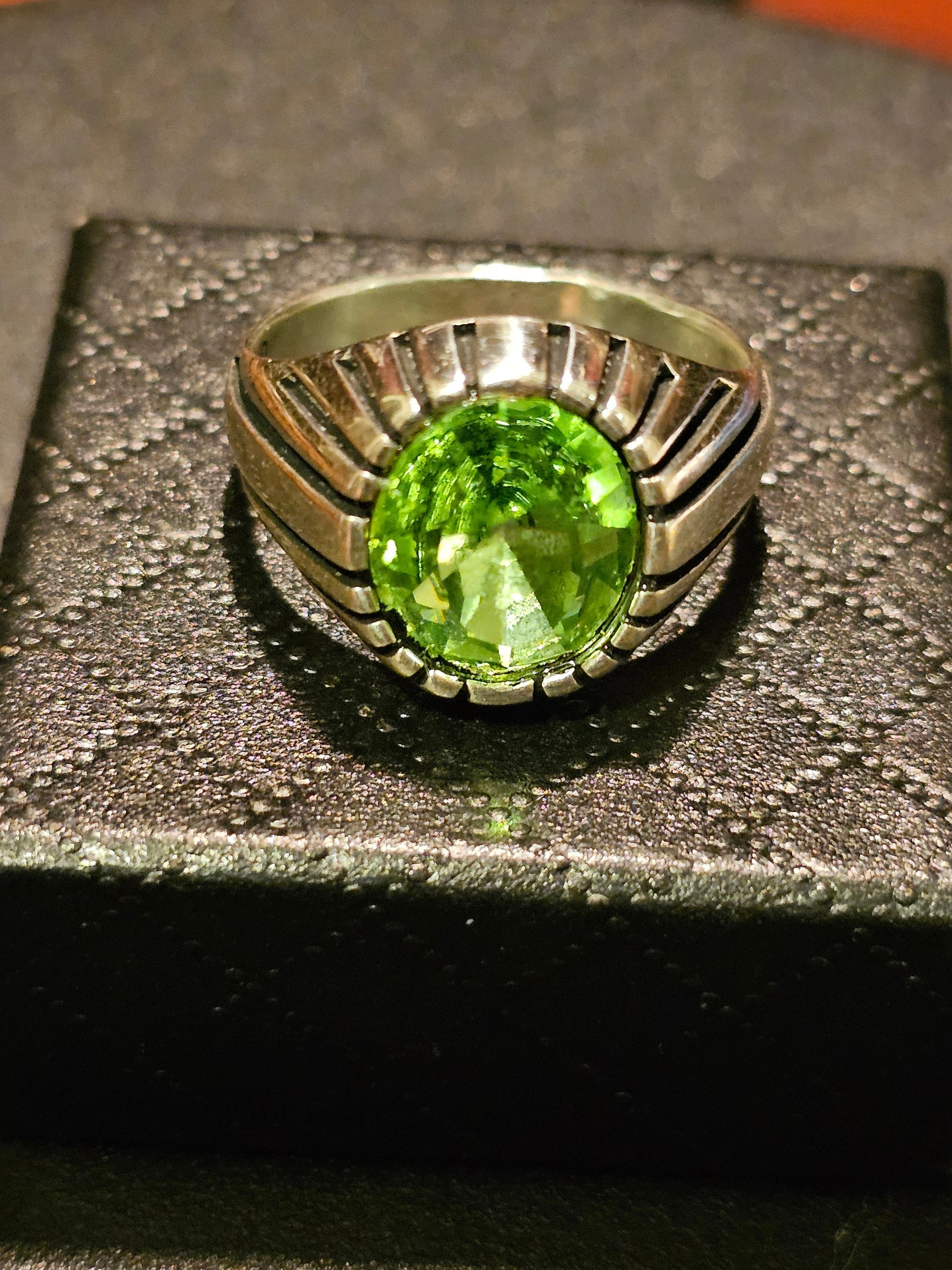 Uranium Glass Men's Ring size 10, new Sterling Silver with a vintage 12x10 Oval cut Uranium glass stones that glows under black / UV light