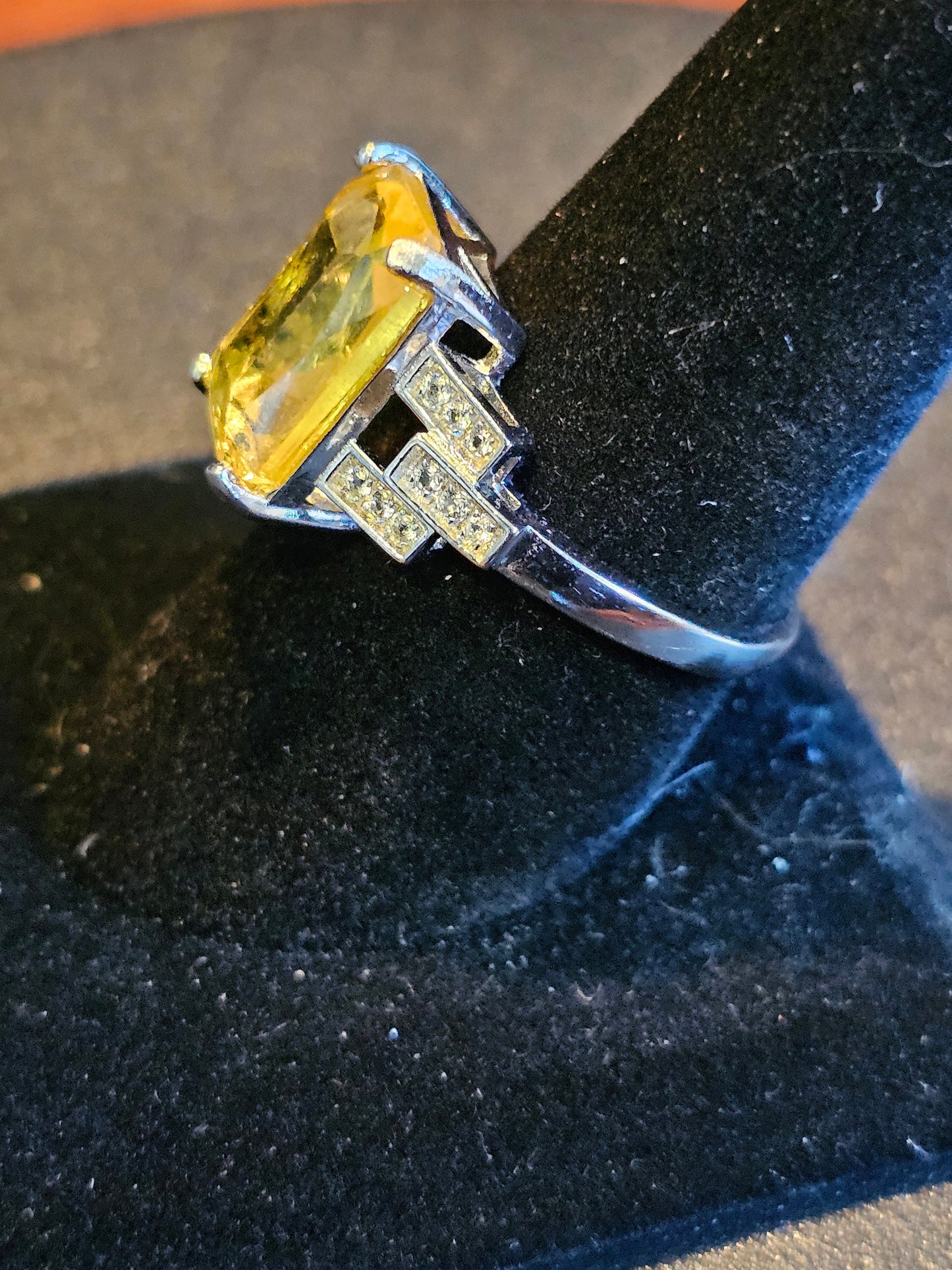 Uranium Glass Ring new Sterling Silver in a size 7 with a vintage Yellow Emerald cut Uranium glass stone that glows under black / UV light