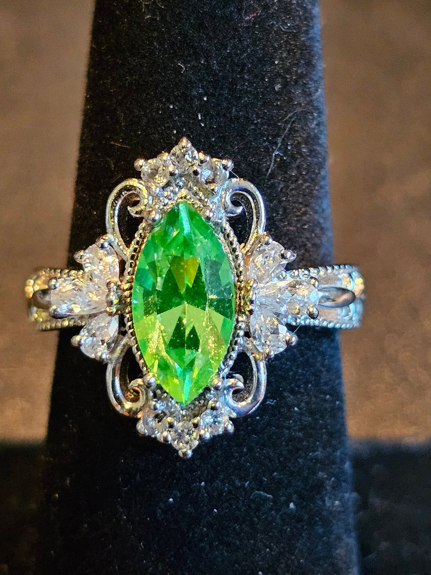 Uranium Glass Marquise cut Ring Fleur De Lis style new Sterling Silver with a vintage Uranium glass stone that glows under black / UV light
