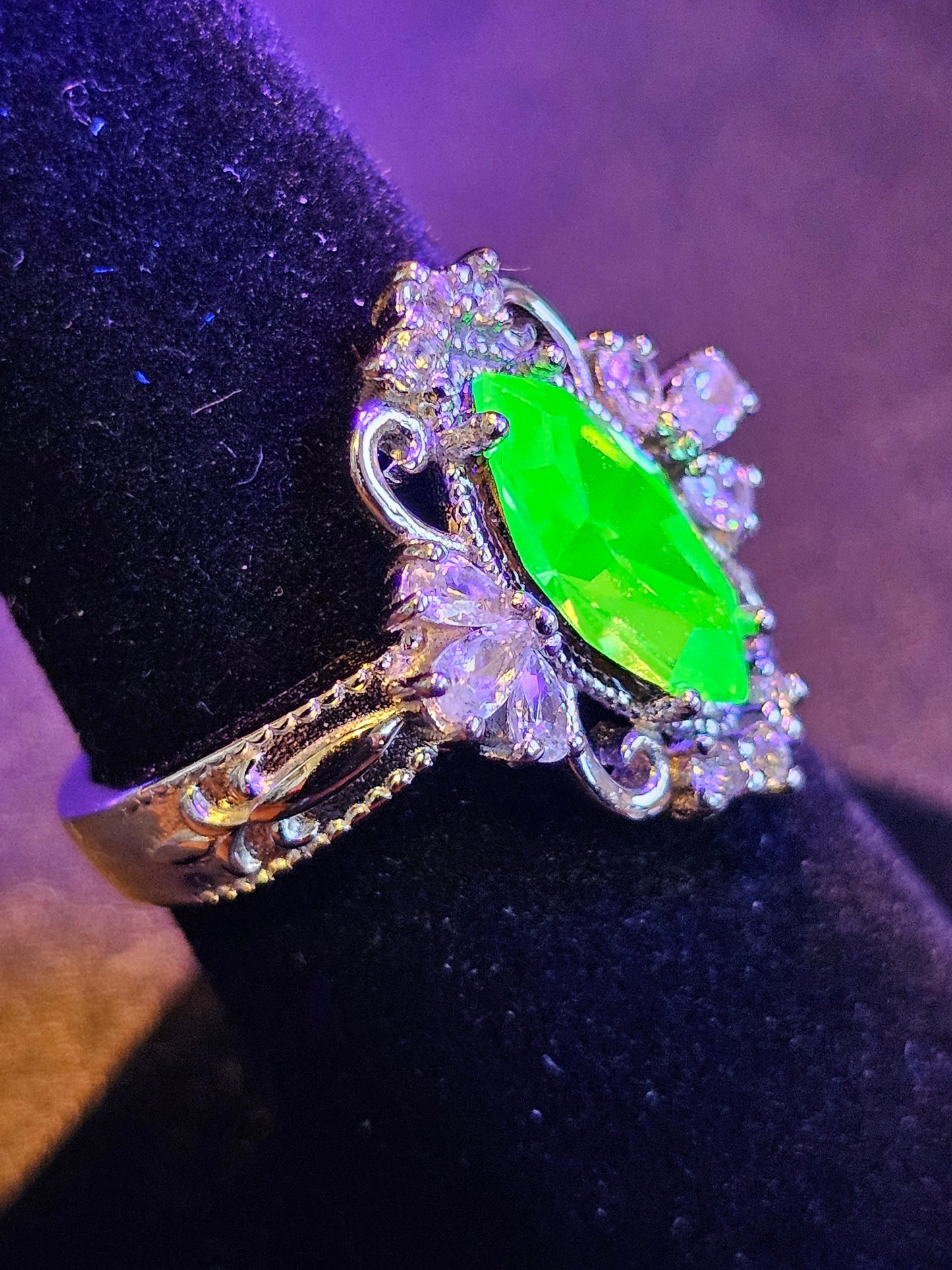 Uranium Glass Marquise cut Ring Fleur De Lis style new Sterling Silver with a vintage Uranium glass stone that glows under black / UV light