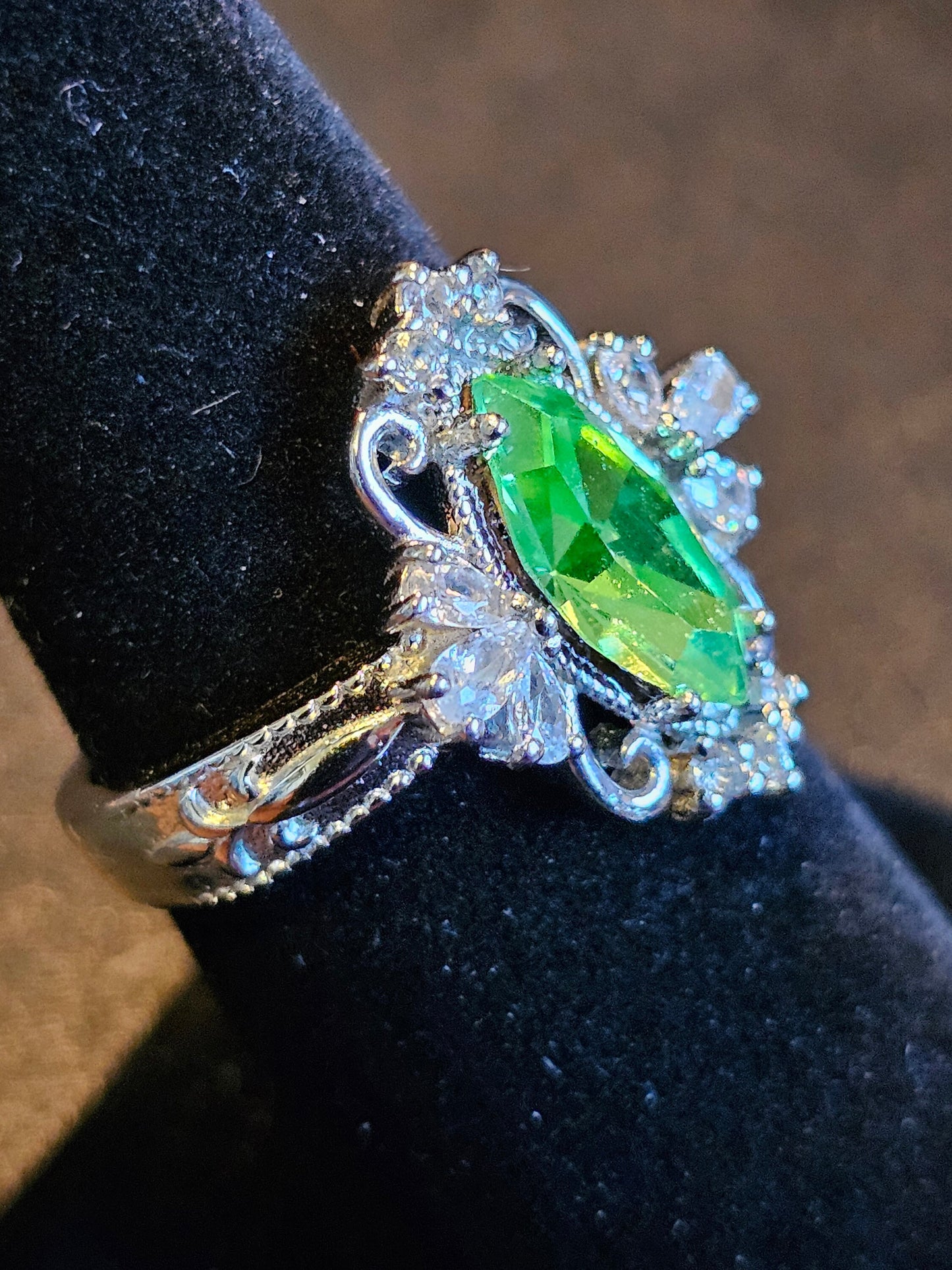 Uranium Glass Marquise cut Ring Fleur De Lis style new Sterling Silver with a vintage Uranium glass stone that glows under black / UV light