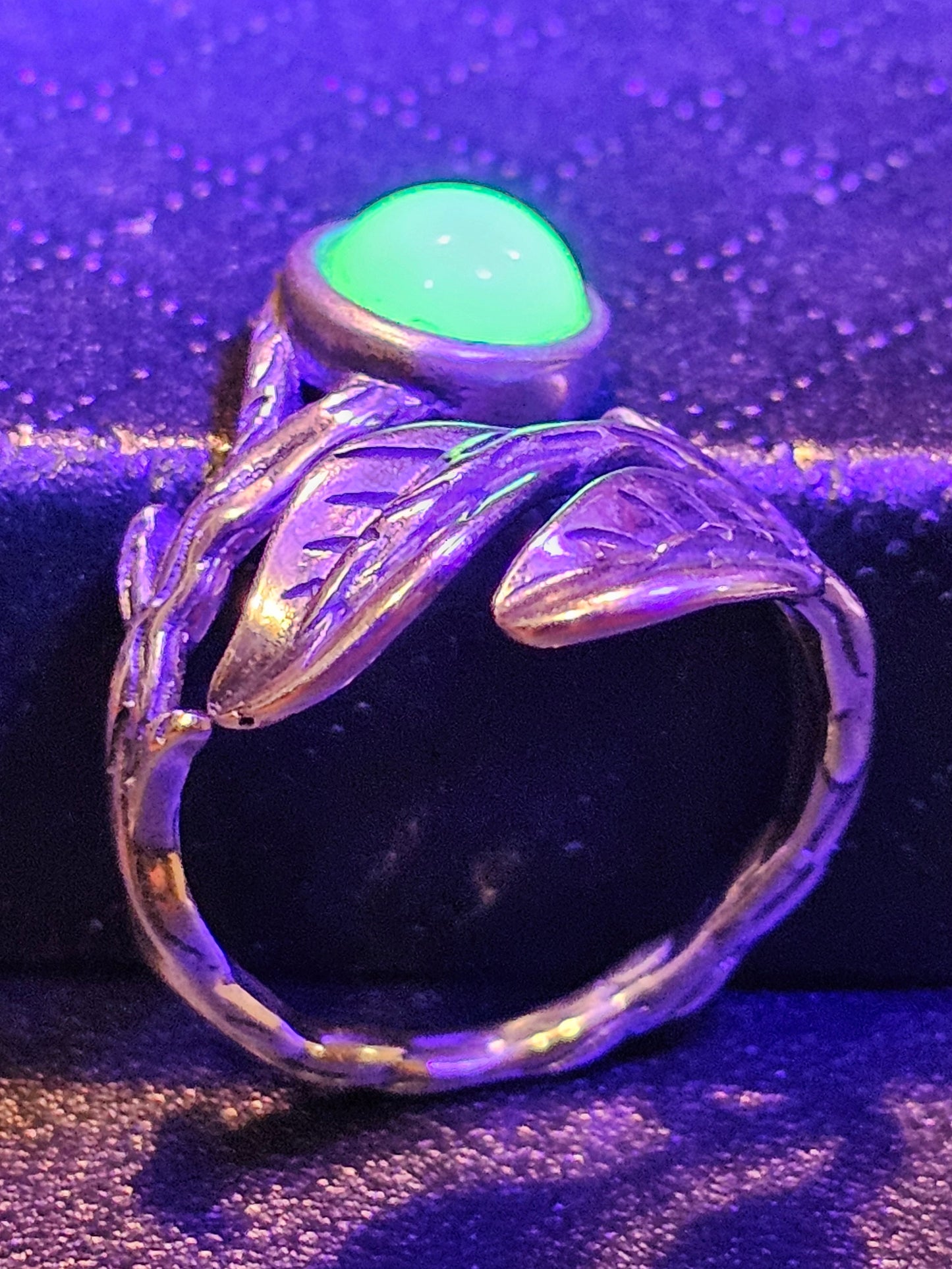 Uranium Glass Adjustable Ring in Sterling Silver Leaf and Branch design with vintage Uranium glass round stone glows under black / UV light