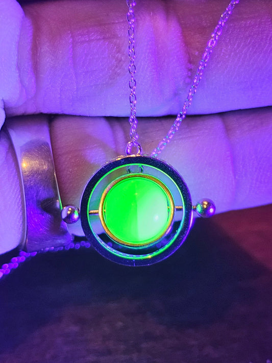 Uranium Glass Pendant with chain in new Sterling Silver with a vintage 9 mm round Uranium Glass bead that glows under black / UV light
