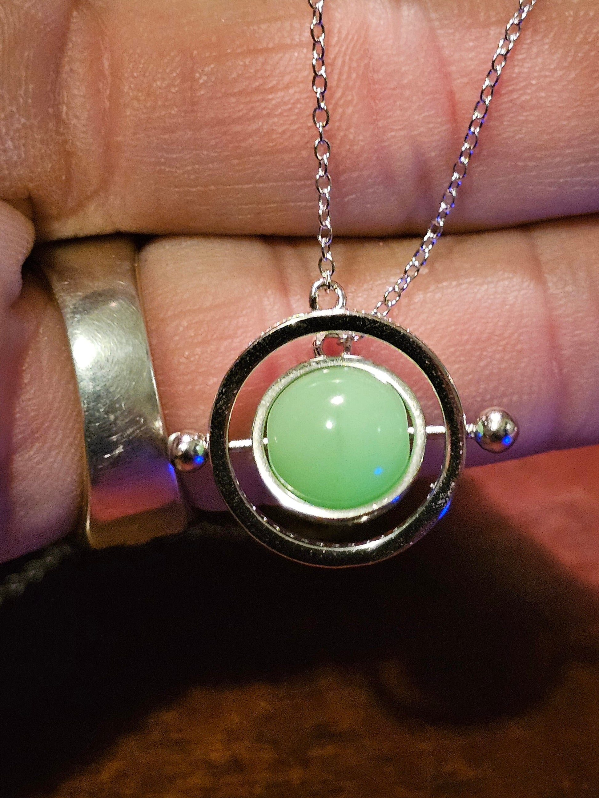 Uranium Glass Pendant with chain in new Sterling Silver with a vintage 9 mm round Uranium Glass bead that glows under black / UV light