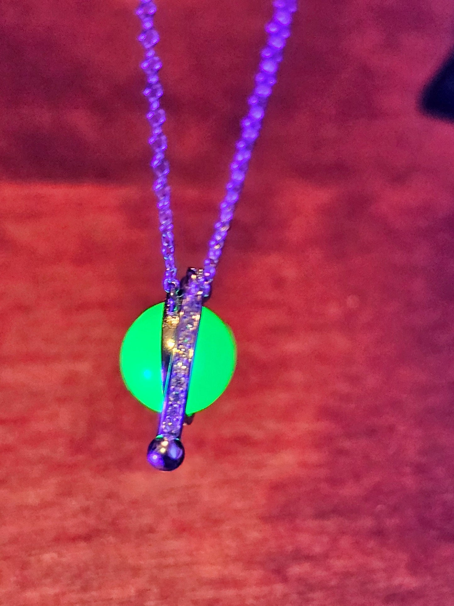Uranium Glass Pendant with chain in new Sterling Silver with a vintage 9 mm round Uranium Glass bead that glows under black / UV light