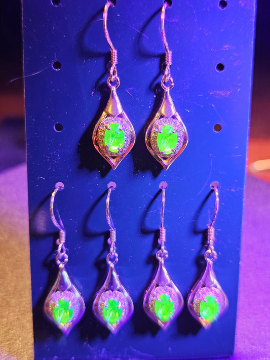 Uranium Glass Earrings in new White, Yellow, or Rose Gold plated Sterling Silver with Vintage Uranium Glass stones, glows under black/UV lig