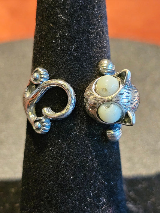 Uranium Glass Cat Ring Adjustable size in new Sterling Silver with vintage Uranium glass beads as eyes that glow under black / UV light