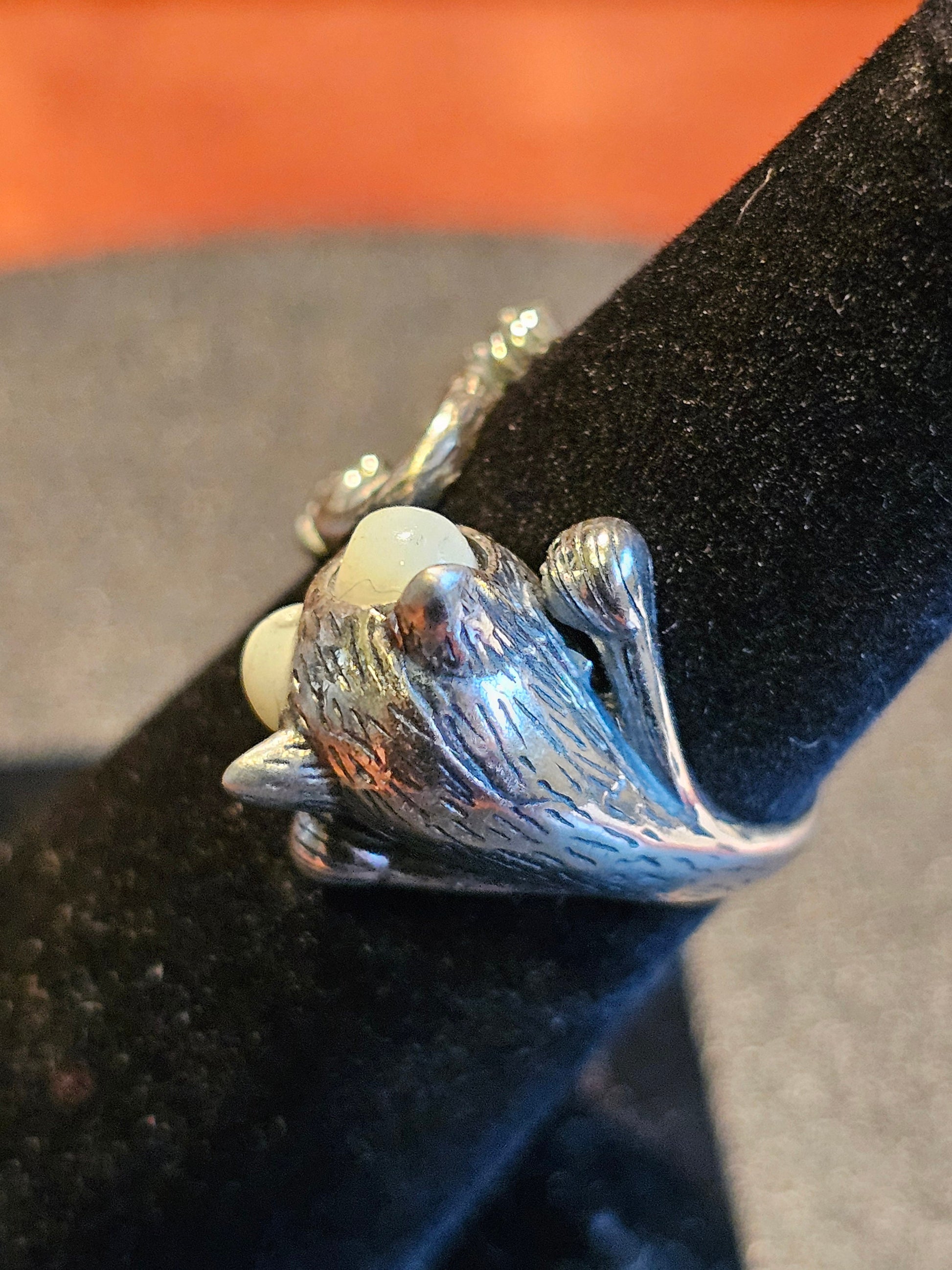 Uranium Glass Cat Ring Adjustable size in new Sterling Silver with vintage Uranium glass beads as eyes that glow under black / UV light