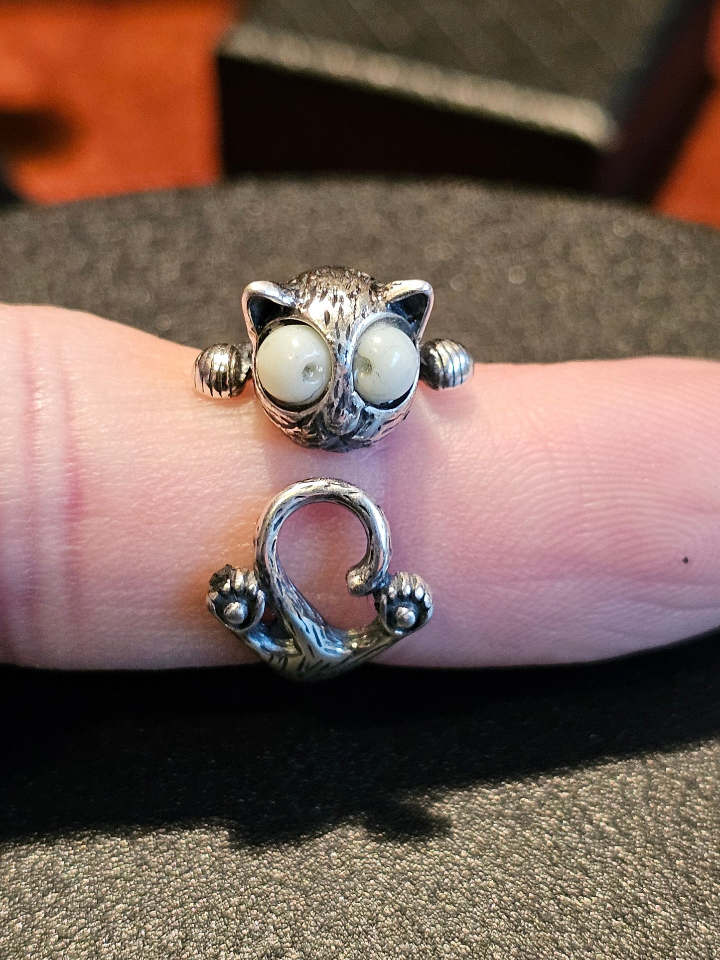Uranium Glass Cat Ring Adjustable size in new Sterling Silver with vintage Uranium glass beads as eyes that glow under black / UV light