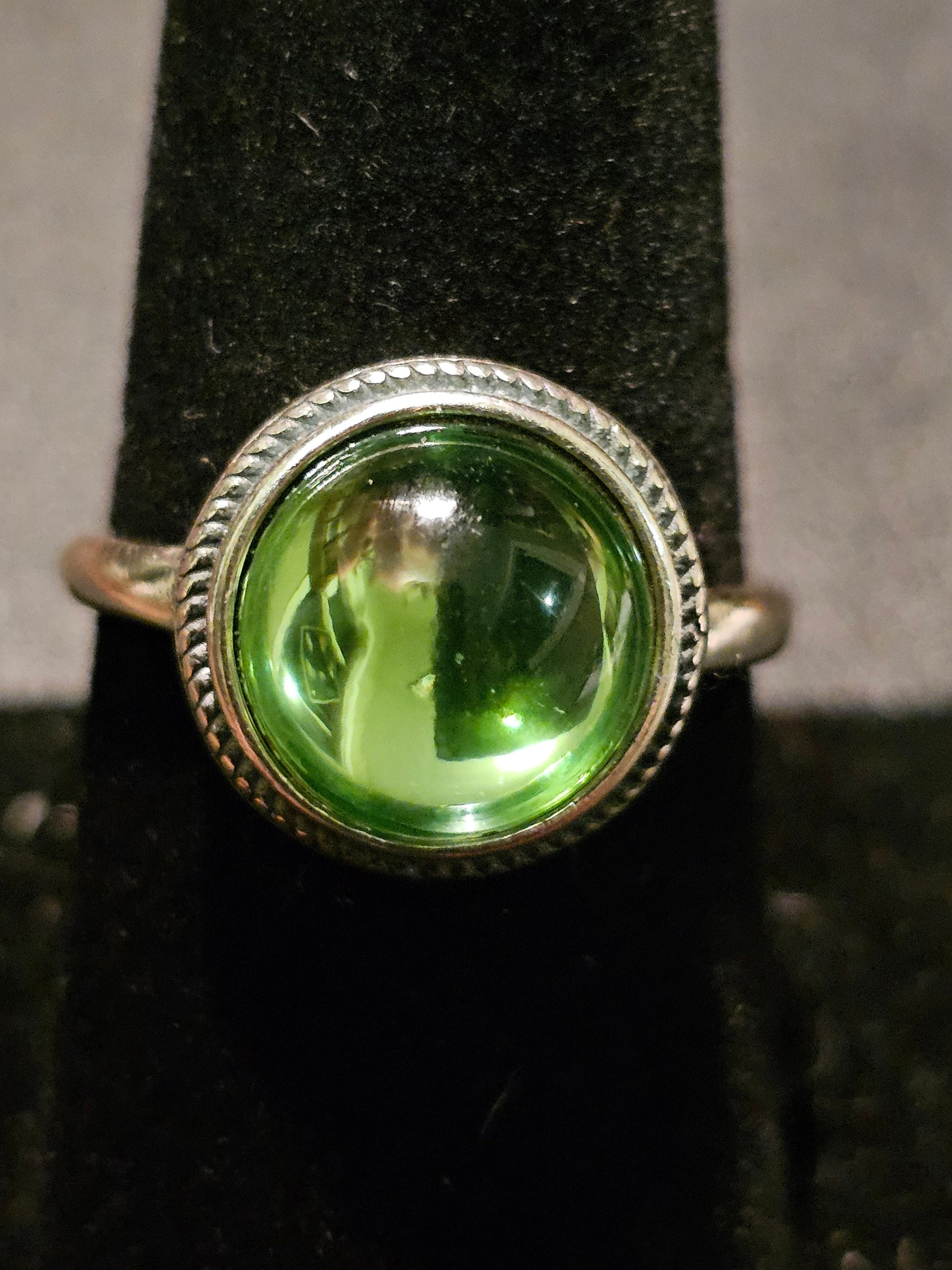 Uranium Glass Adjustable Ring new Sterling Silver with vintage Cabochon cut Round top Uranium glass stone that glows under black / UV light
