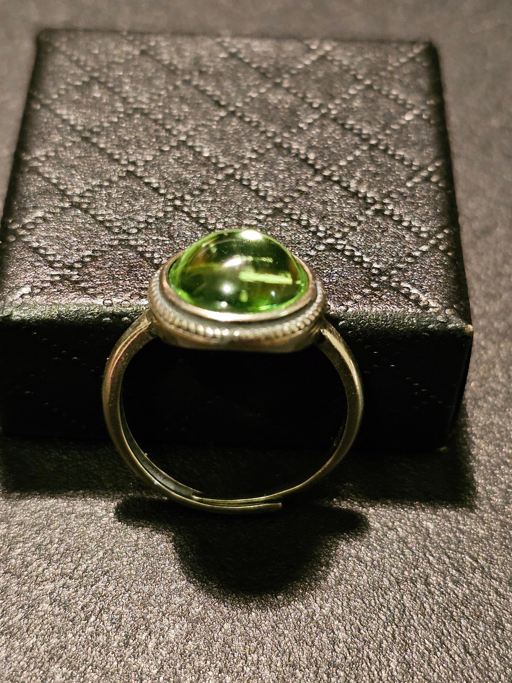 Uranium Glass Adjustable Ring new Sterling Silver with vintage Cabochon cut Round top Uranium glass stone that glows under black / UV light