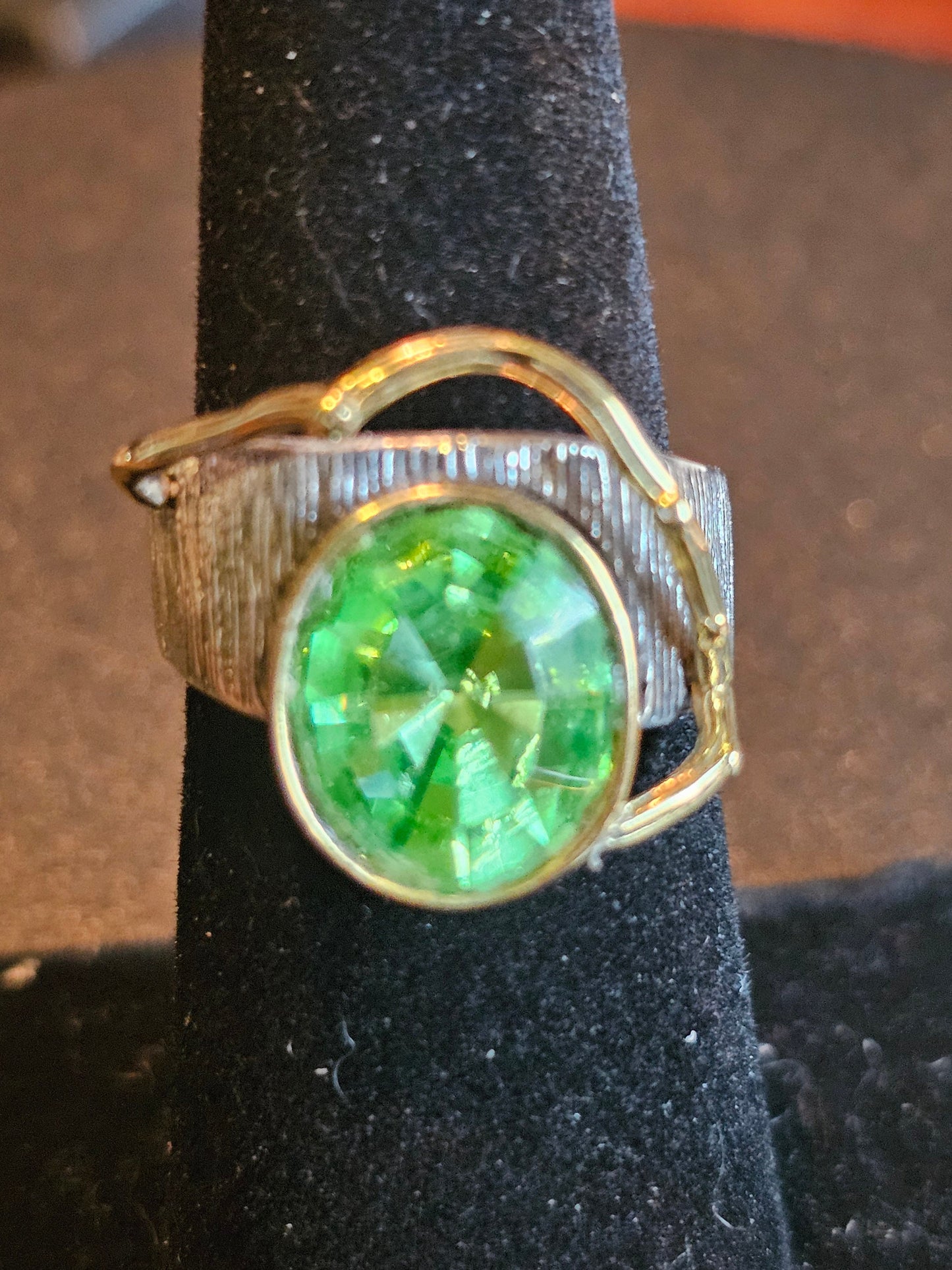 Uranium Glass Men's Ring Adjustable size with a 12x10 mm vintage Uranium glass Oval cut stone that glows under black / UV light