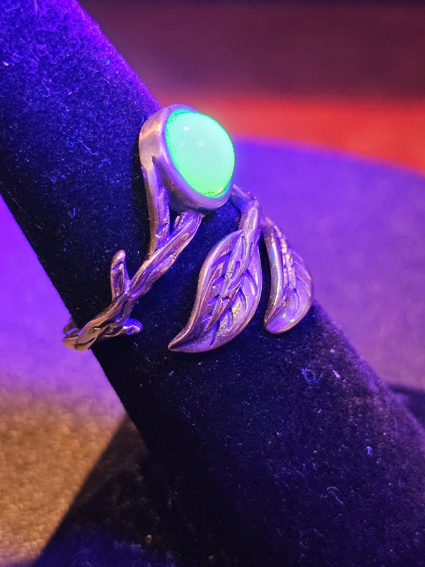 Uranium Glass Adjustable Ring in Sterling Silver Leaf and Branch design with vintage Uranium glass round stone glows under black / UV light