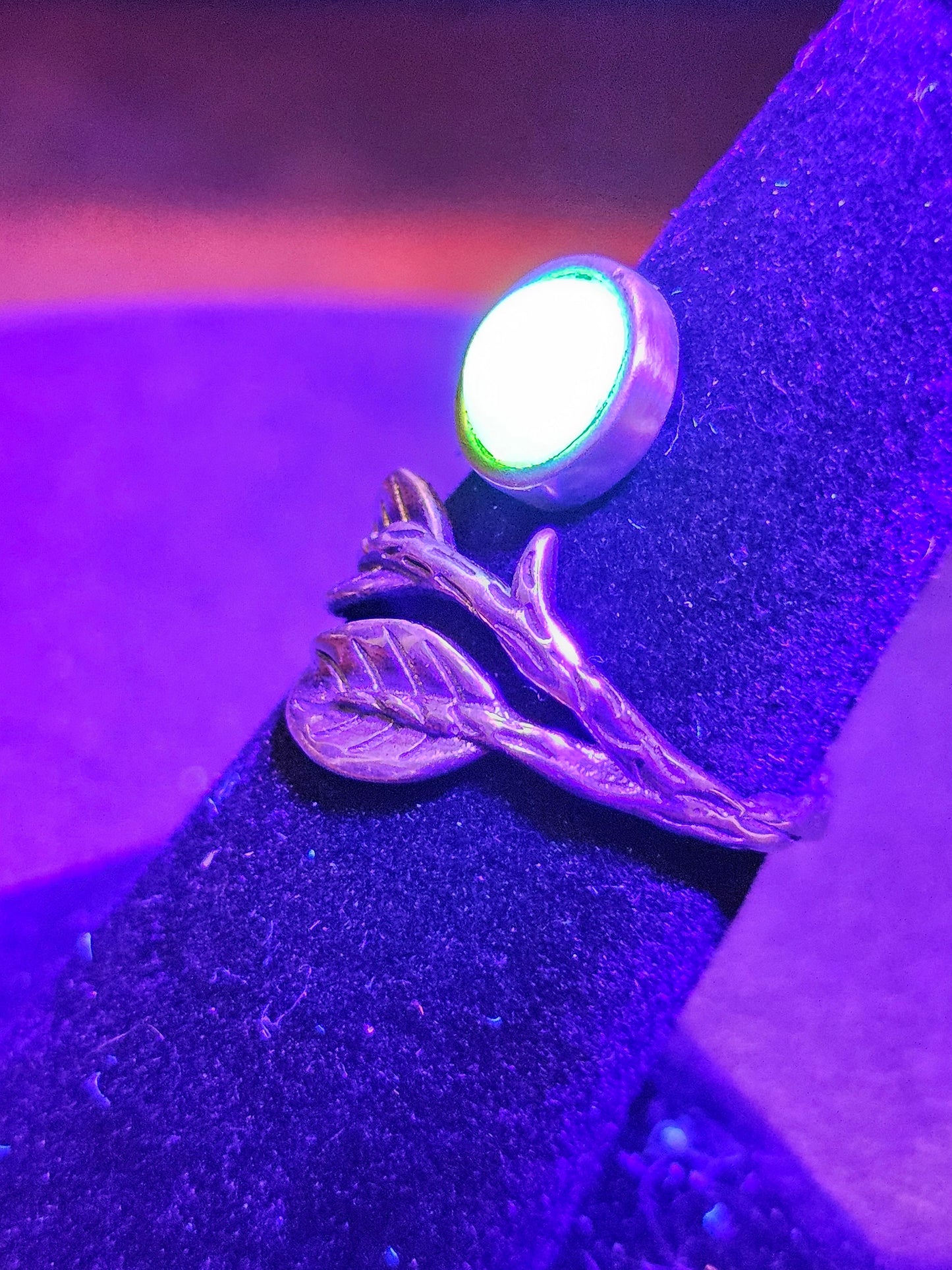 Uranium Glass Adjustable Ring in Sterling Silver Leaf and Branch design with vintage Uranium glass round stone glows under black / UV light