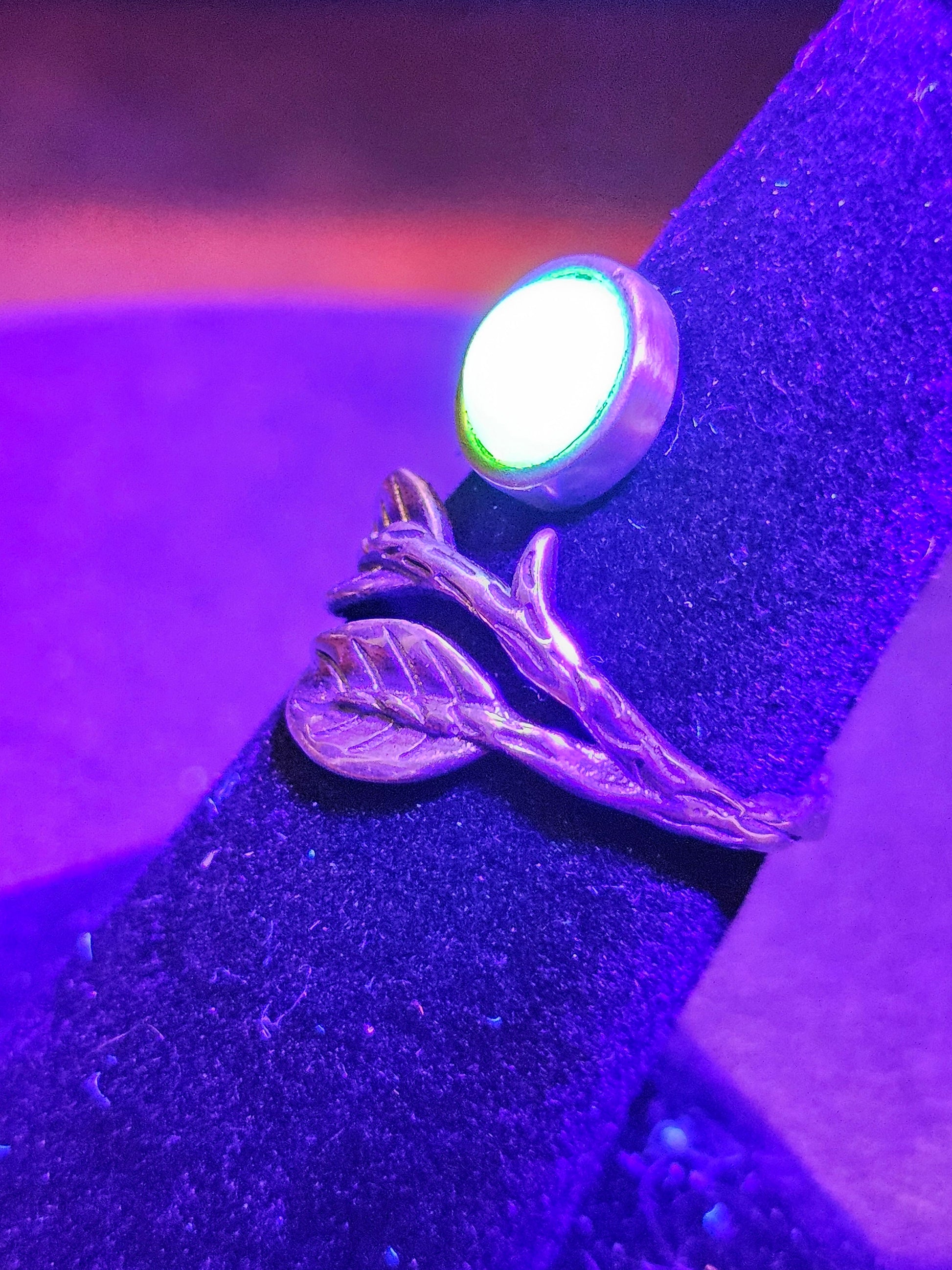Uranium Glass Adjustable Ring in Sterling Silver Leaf and Branch design with vintage Uranium glass round stone glows under black / UV light
