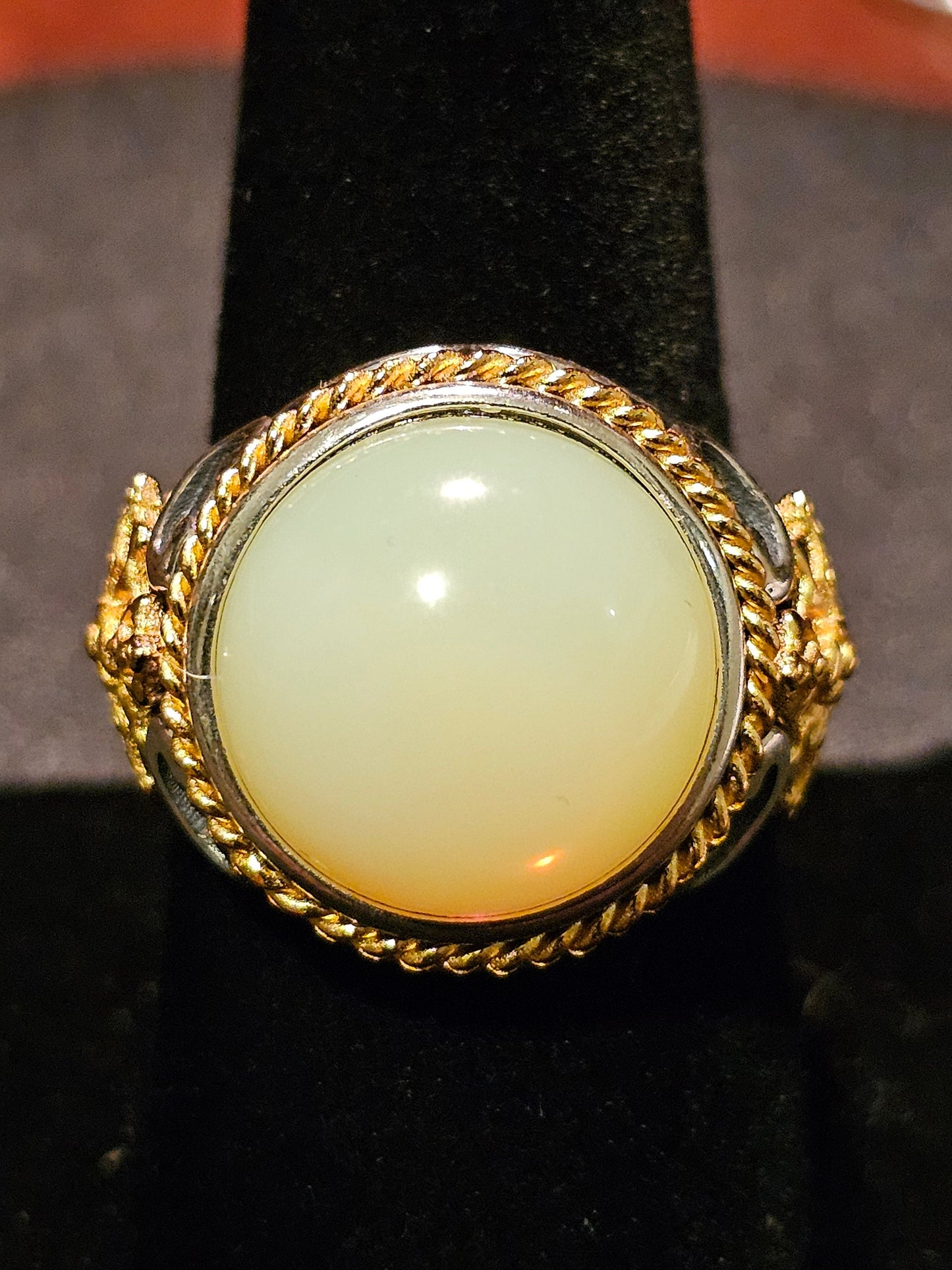 Uranium Glass Men's Ring Adjustable with 15 mm vintage Uranium glass Round cut Cabochon opal colored stone that glows under black / UV light