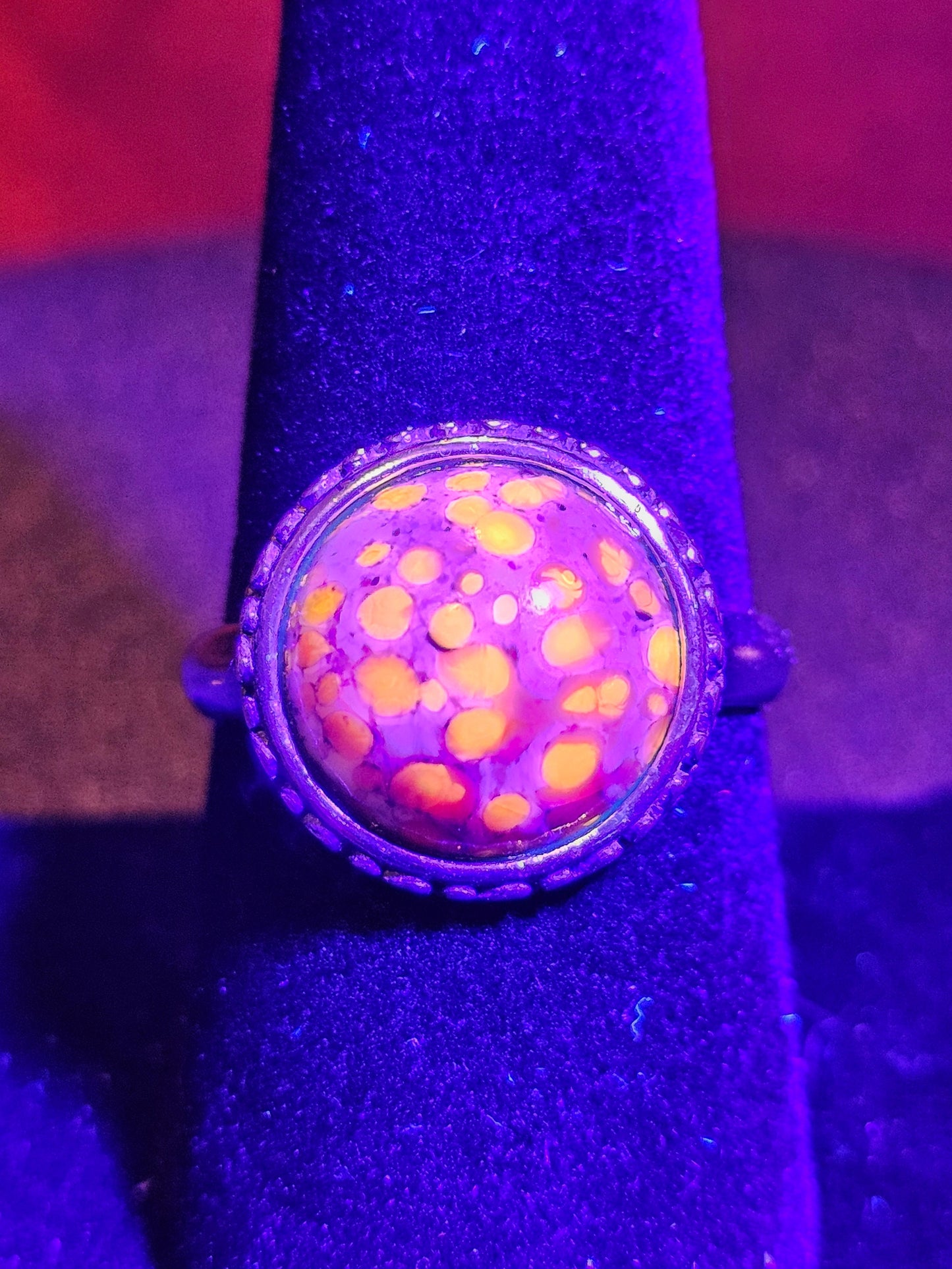 Cadmium Glass "Lava" Ring Adjustable size in new Sterling Silver with large vintage Cadmium glass round cut stone glows under black/UV light