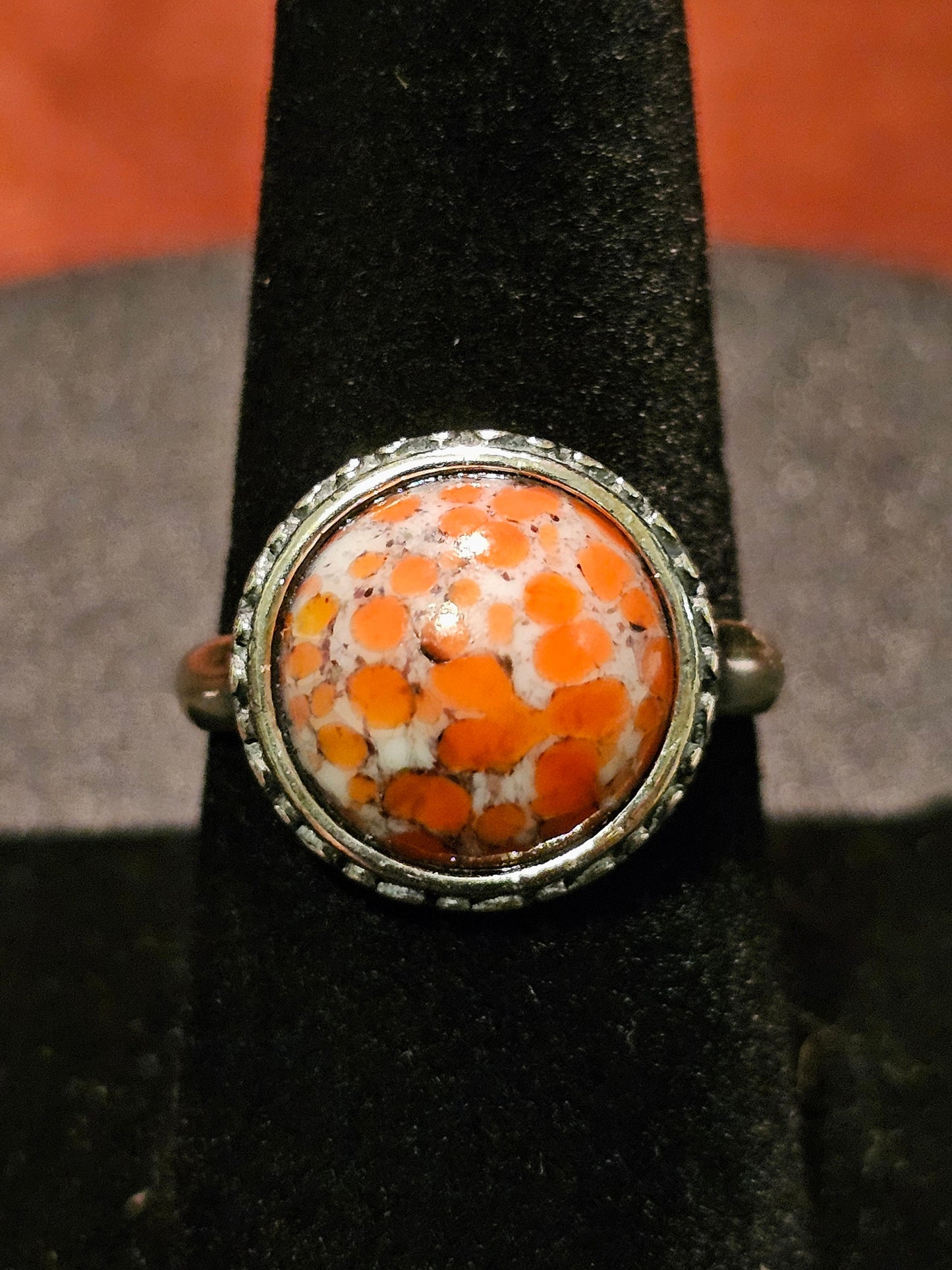 Cadmium Glass "Lava" Ring Adjustable size in new Sterling Silver with large vintage Cadmium glass round cut stone glows under black/UV light