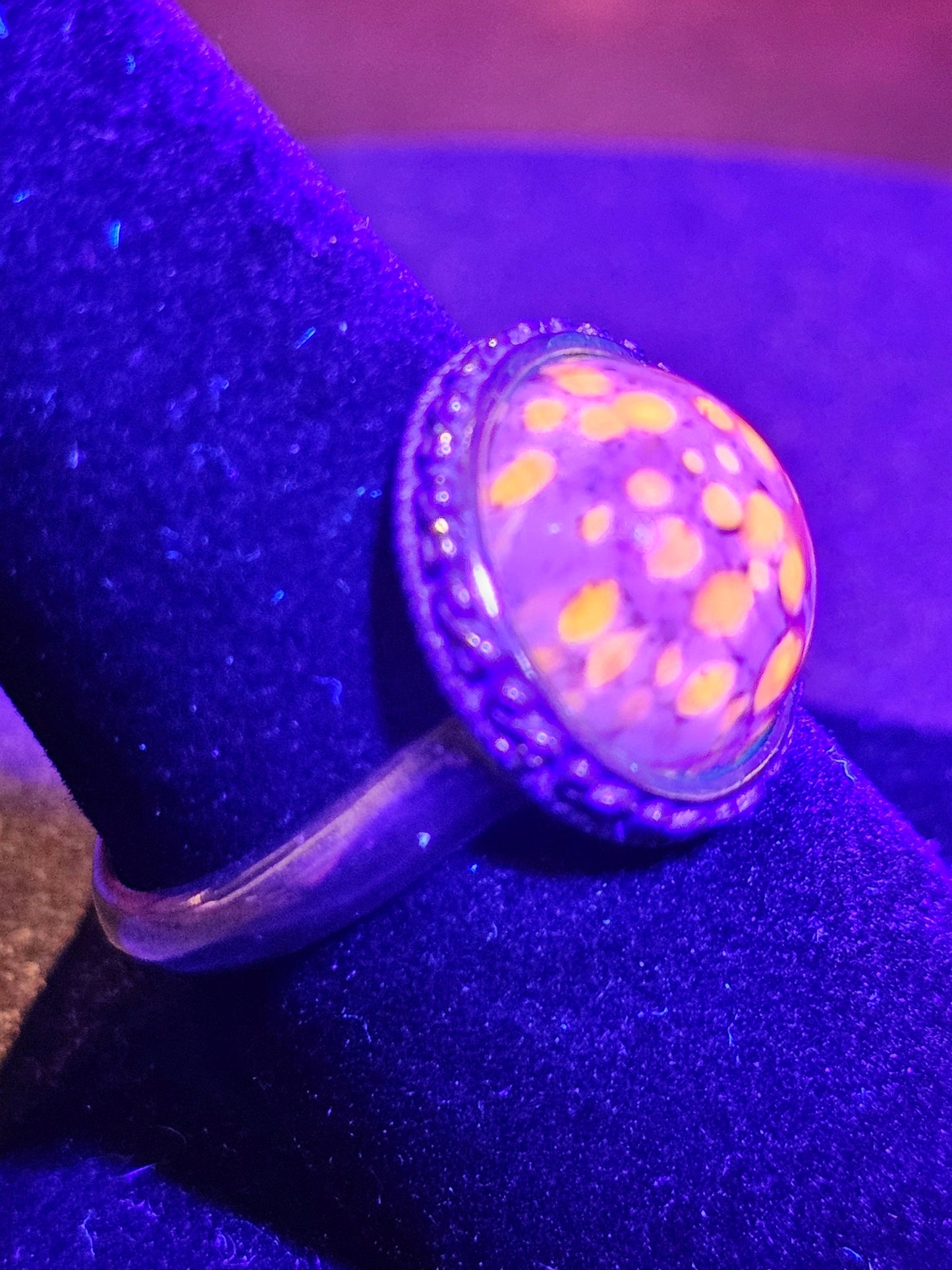 Cadmium Glass "Lava" Ring Adjustable size in new Sterling Silver with large vintage Cadmium glass round cut stone glows under black/UV light